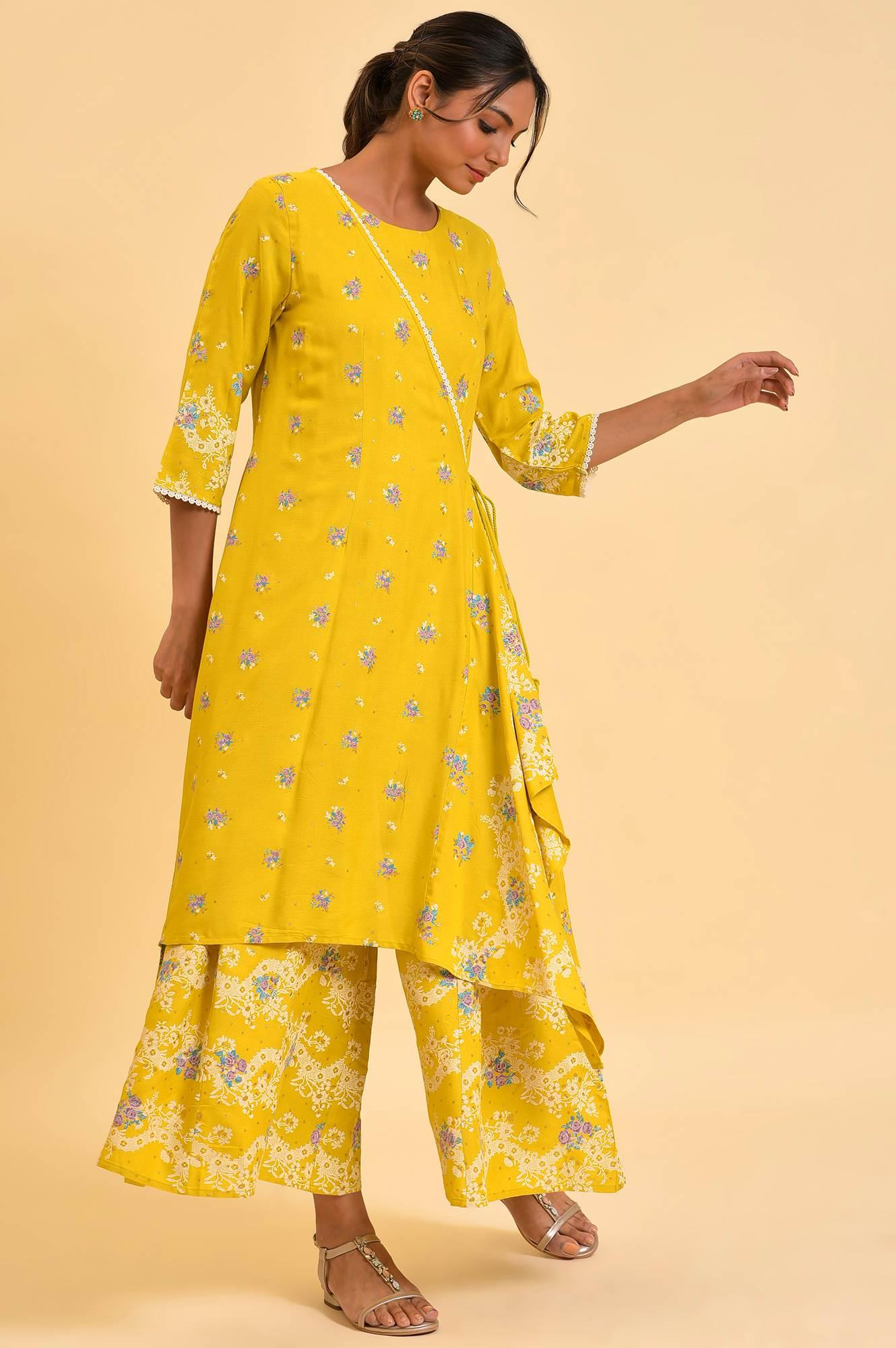 Yellow Glitter Printed Angrakha Jumpsuit - wforwoman