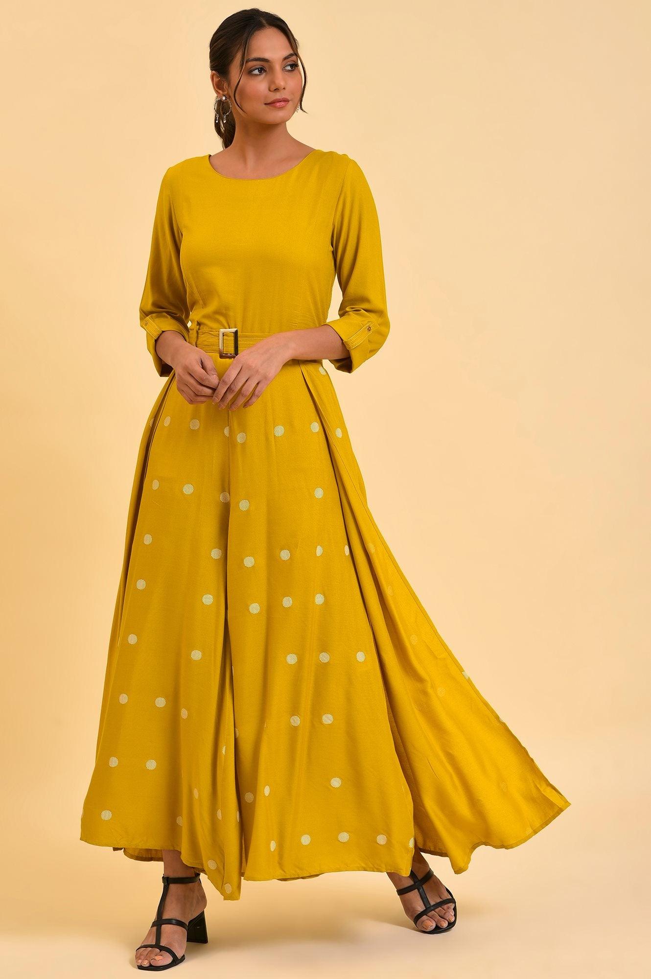 Yellow Polka Dot Jumpsuit with Belt - wforwoman