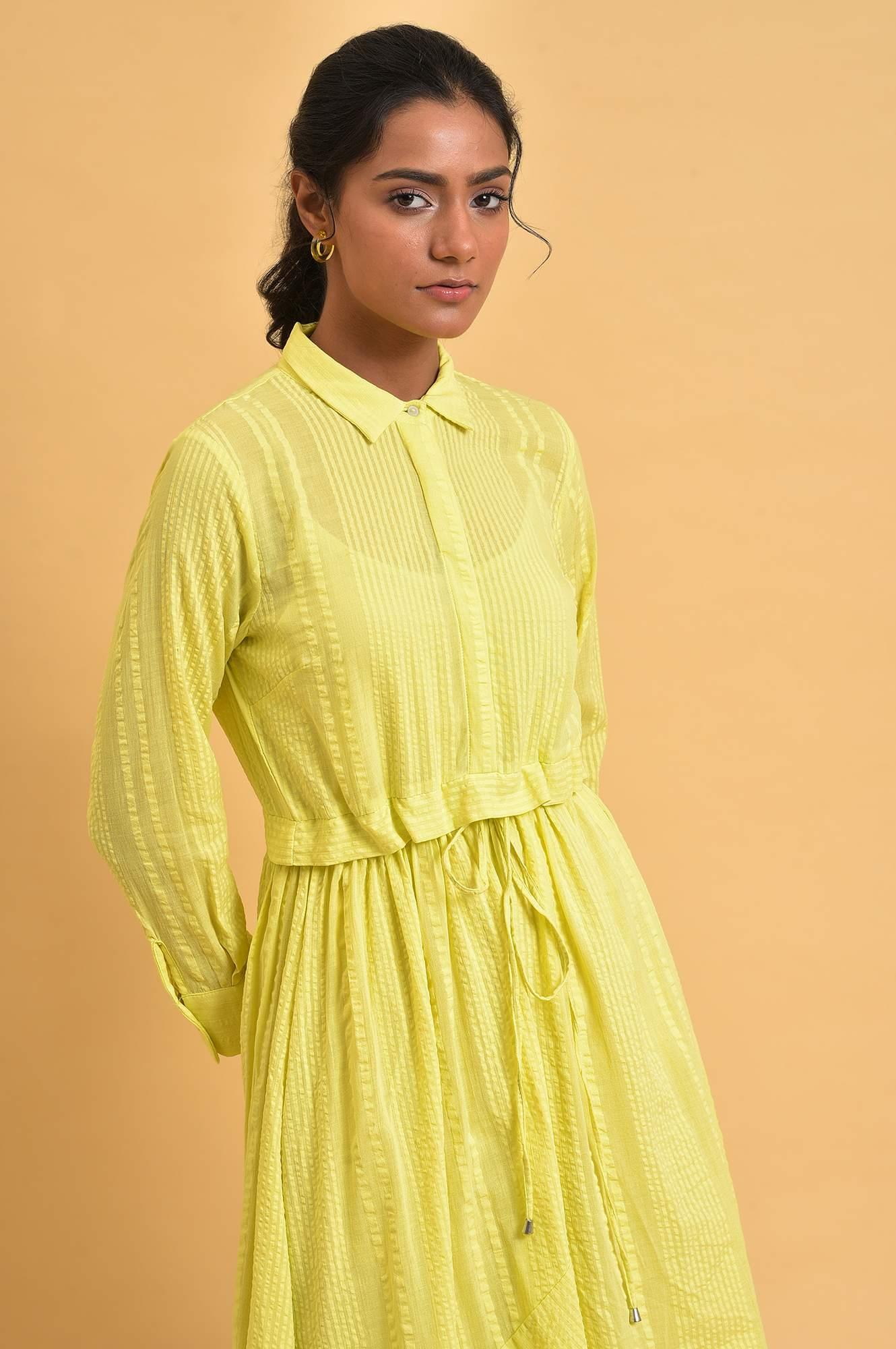 Green Gathered Shirt Collar Dress - wforwoman