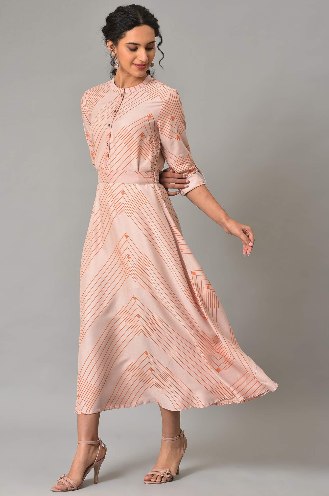 Dusty Pink Matrix Printed Circular Shirt Dress With Belt - wforwoman