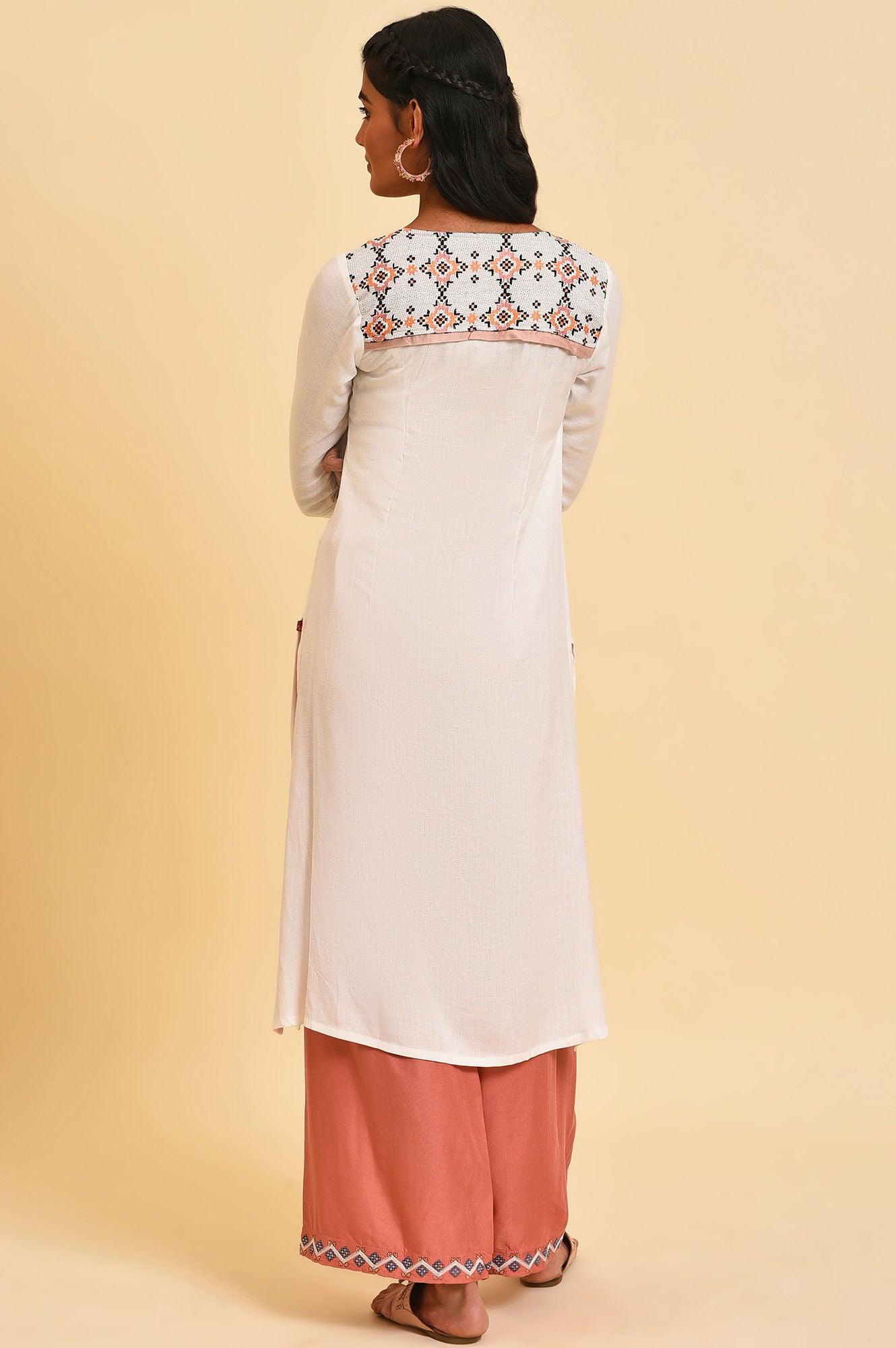 Ecru Geometric Print Round Neck Summer kurta - wforwoman