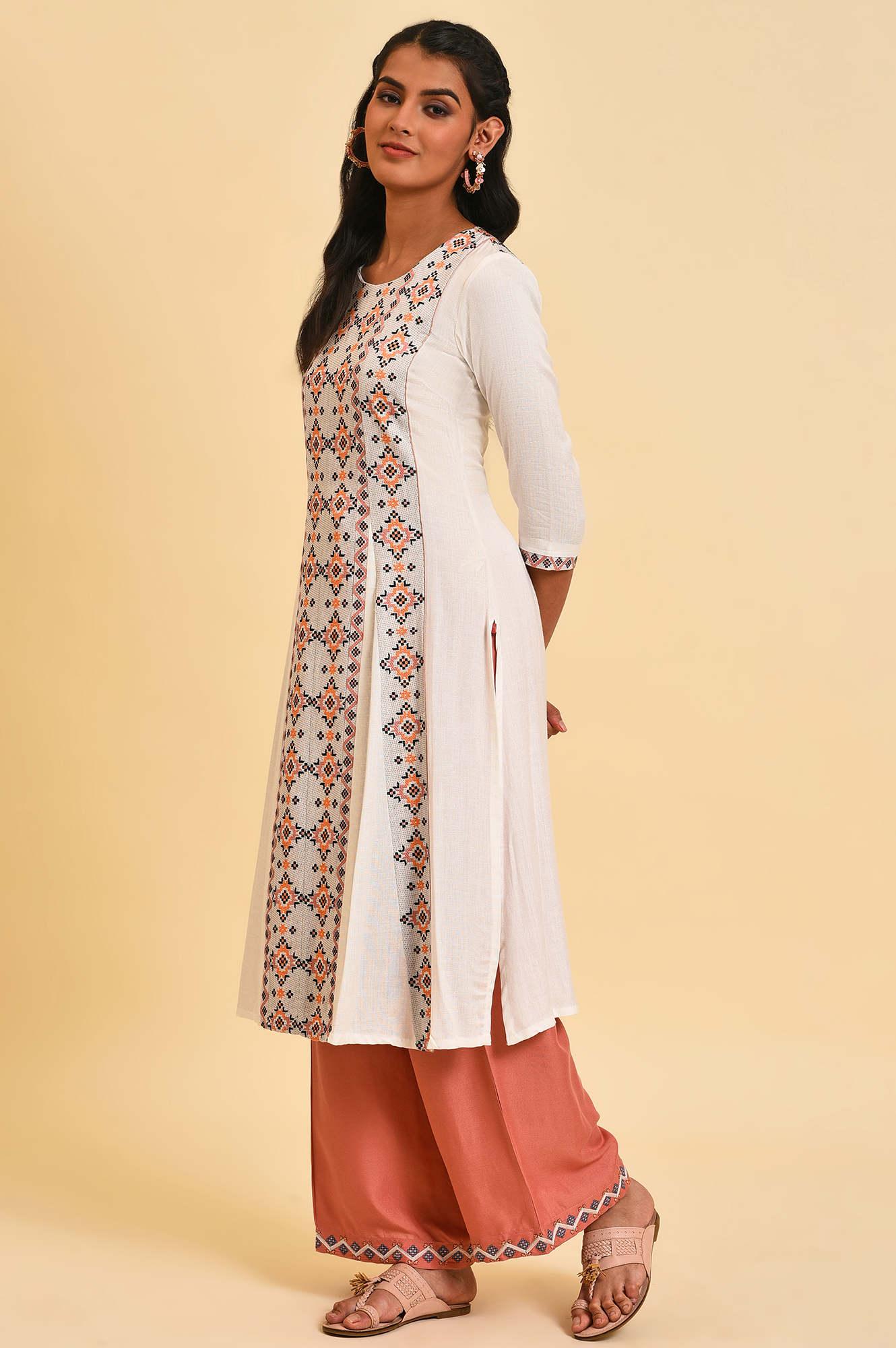Ecru Geometric Print Round Neck Summer kurta - wforwoman