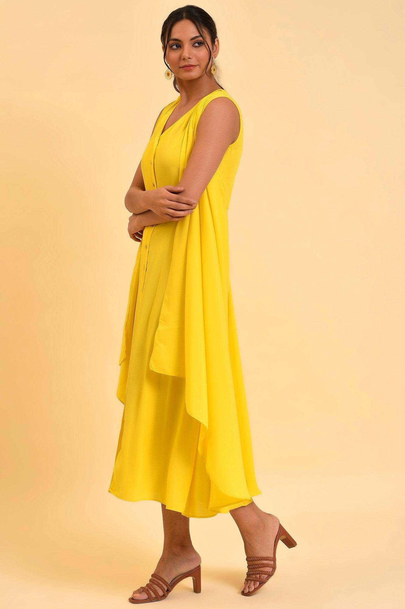 Yellow Fashionable Sleeveless Draped Dress - wforwoman