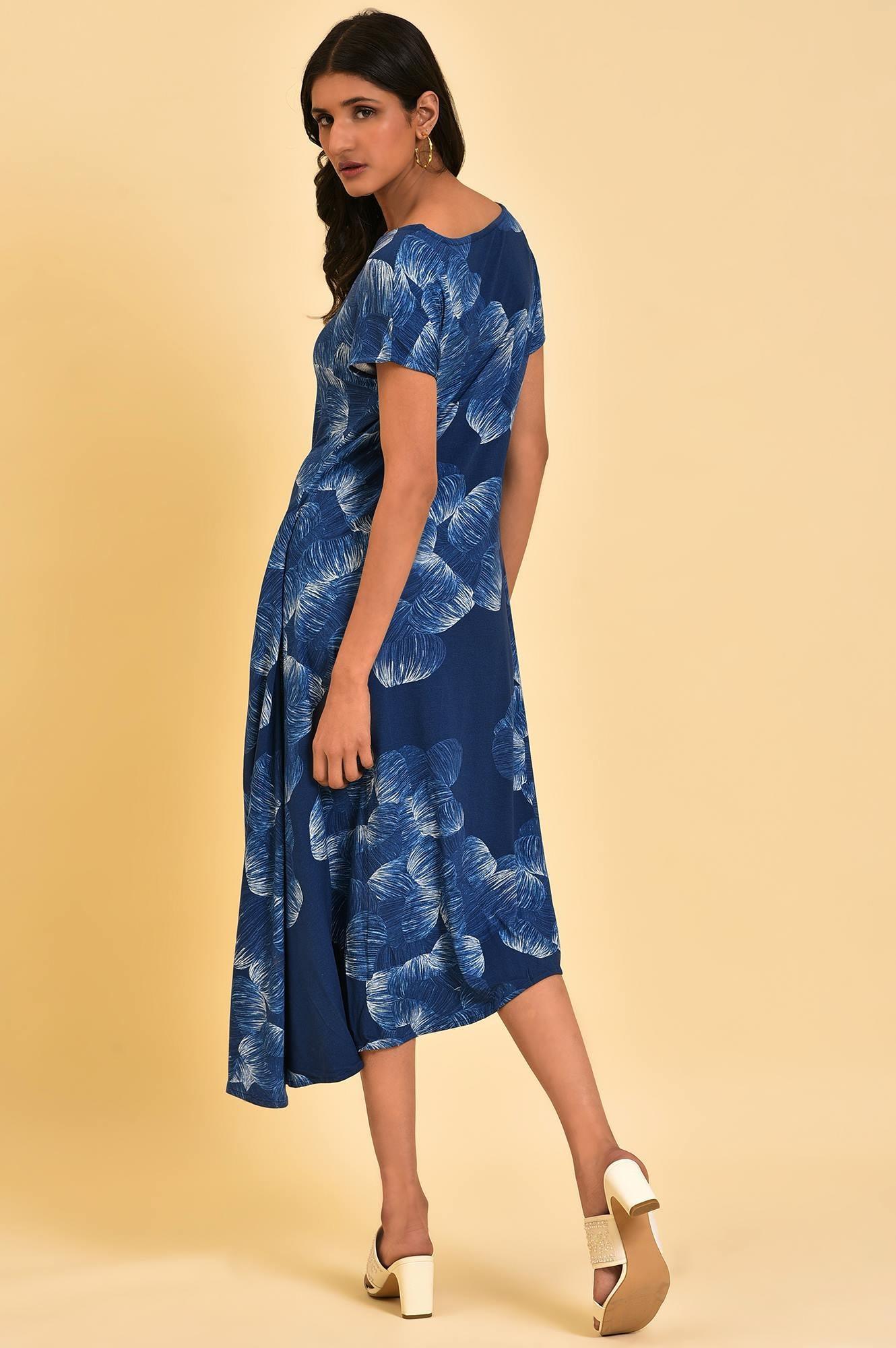 Blue Abstract Printed Waterfall Summer Dress - wforwoman