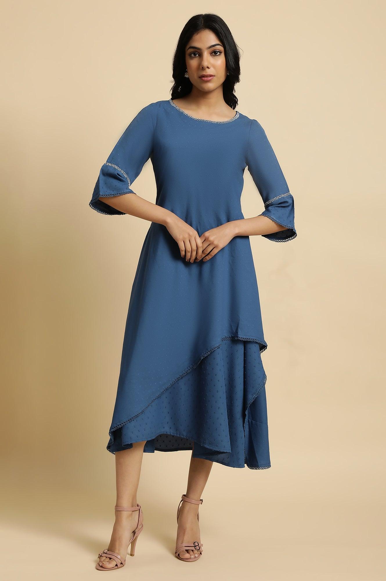 Blue Mock Layer Flared Dress - wforwoman