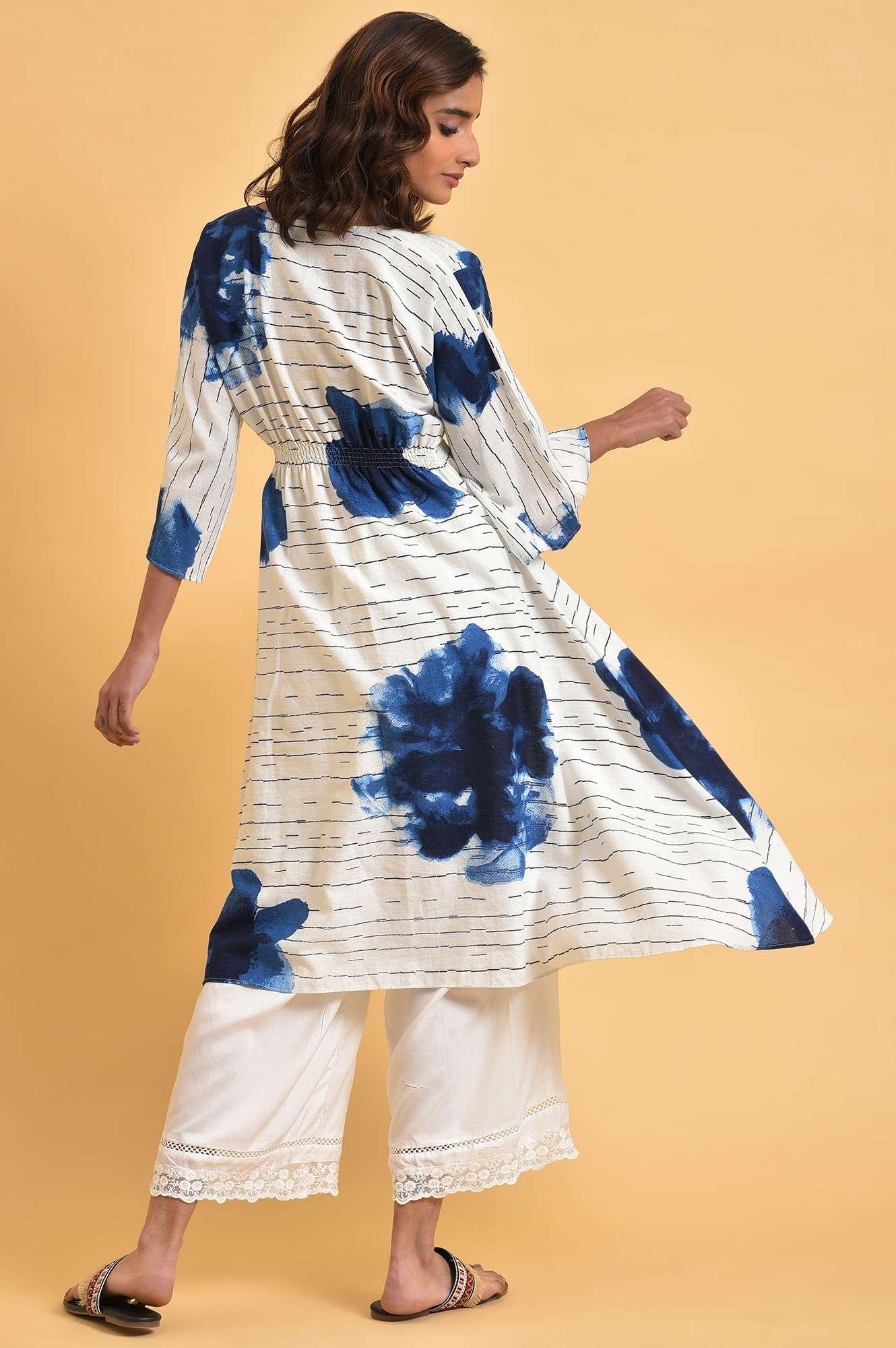 White And Blue Printed V-Neck kurta - wforwoman