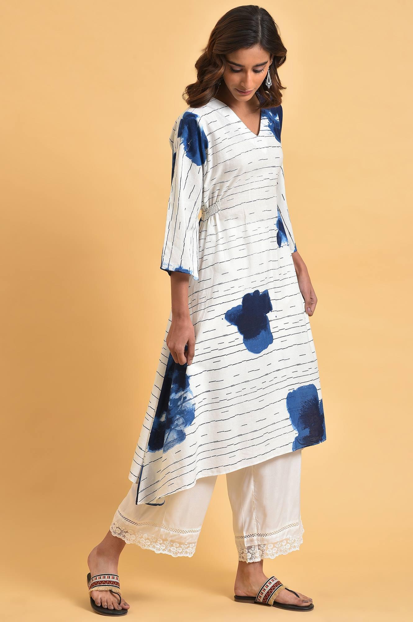 White And Blue Printed V-Neck kurta - wforwoman