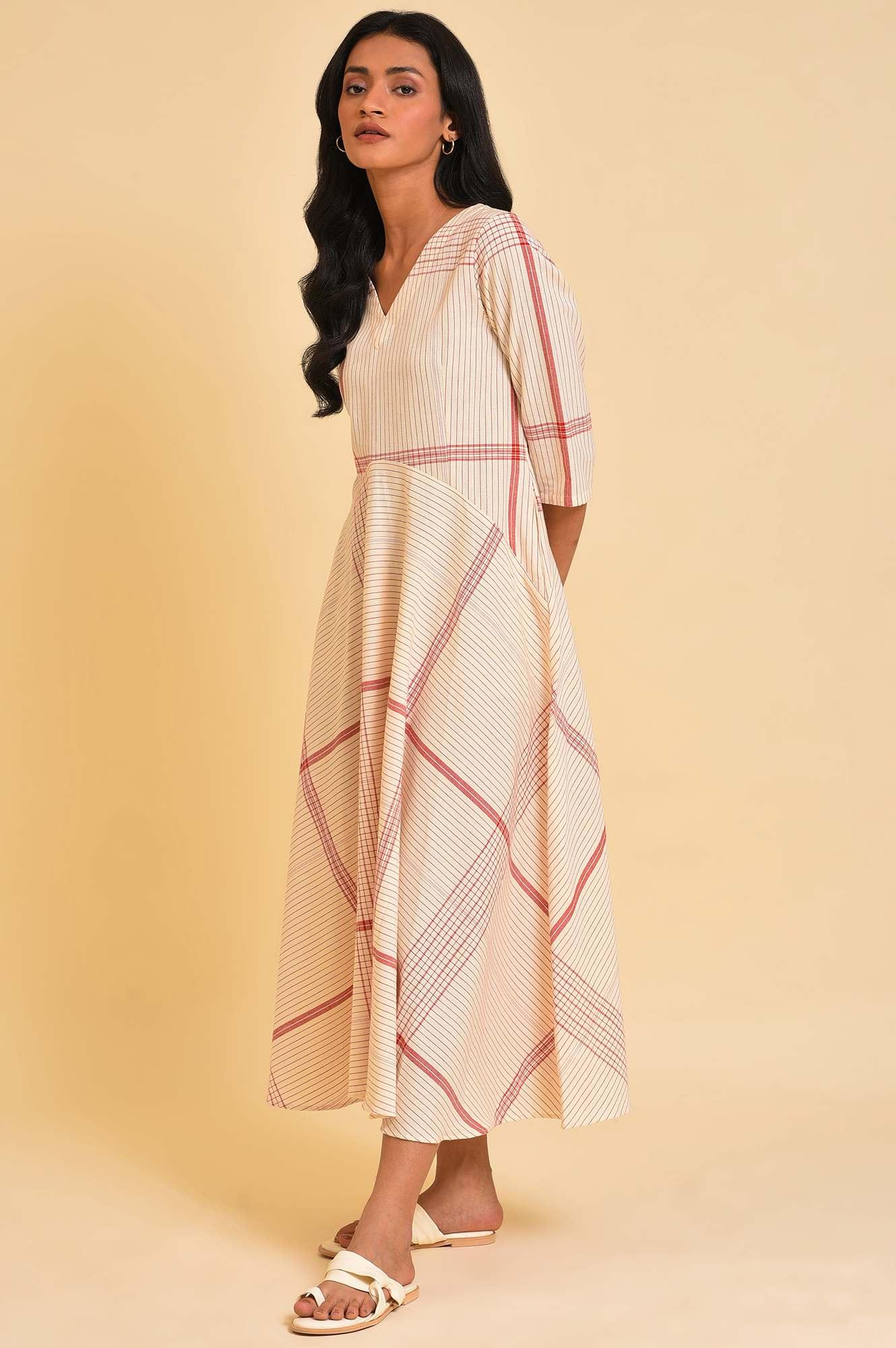 Beige Playful Checkered Free Flowing Dress - wforwoman