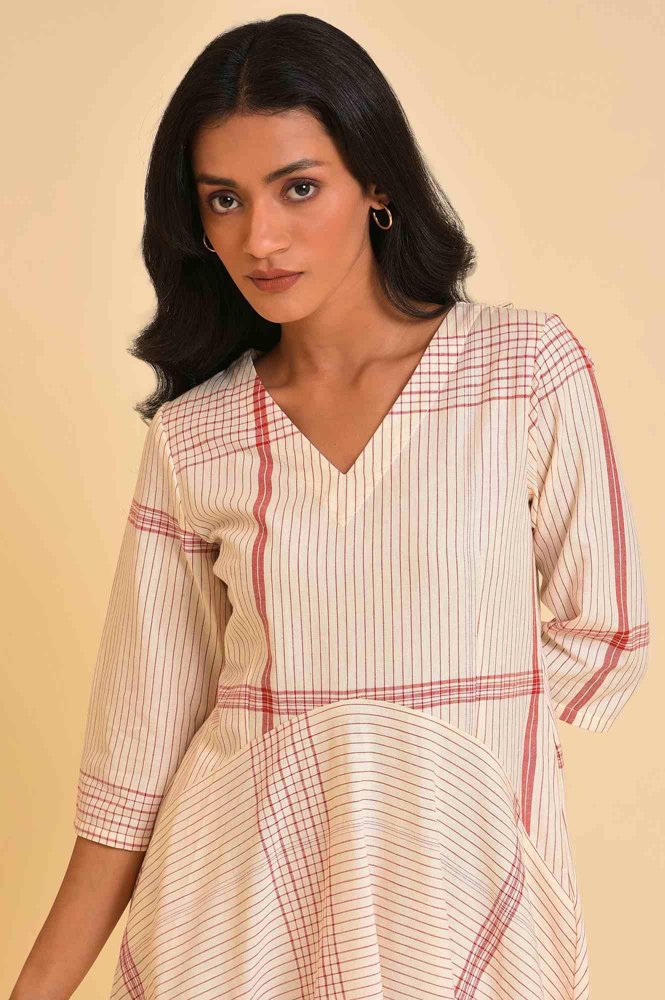 Beige Playful Checkered Free Flowing Dress - wforwoman