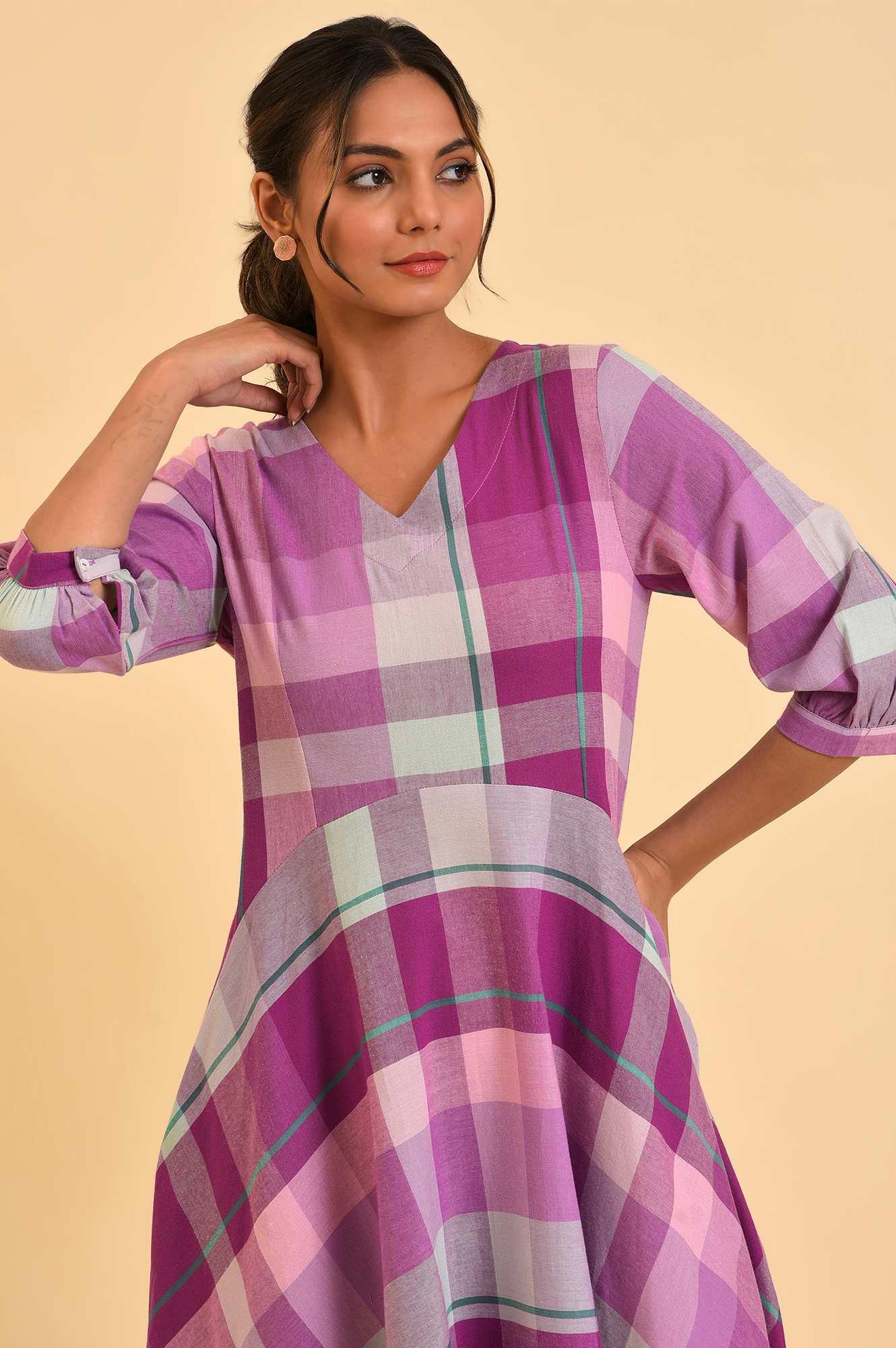 Purple Playful Free Flowing Checker Dress - wforwoman