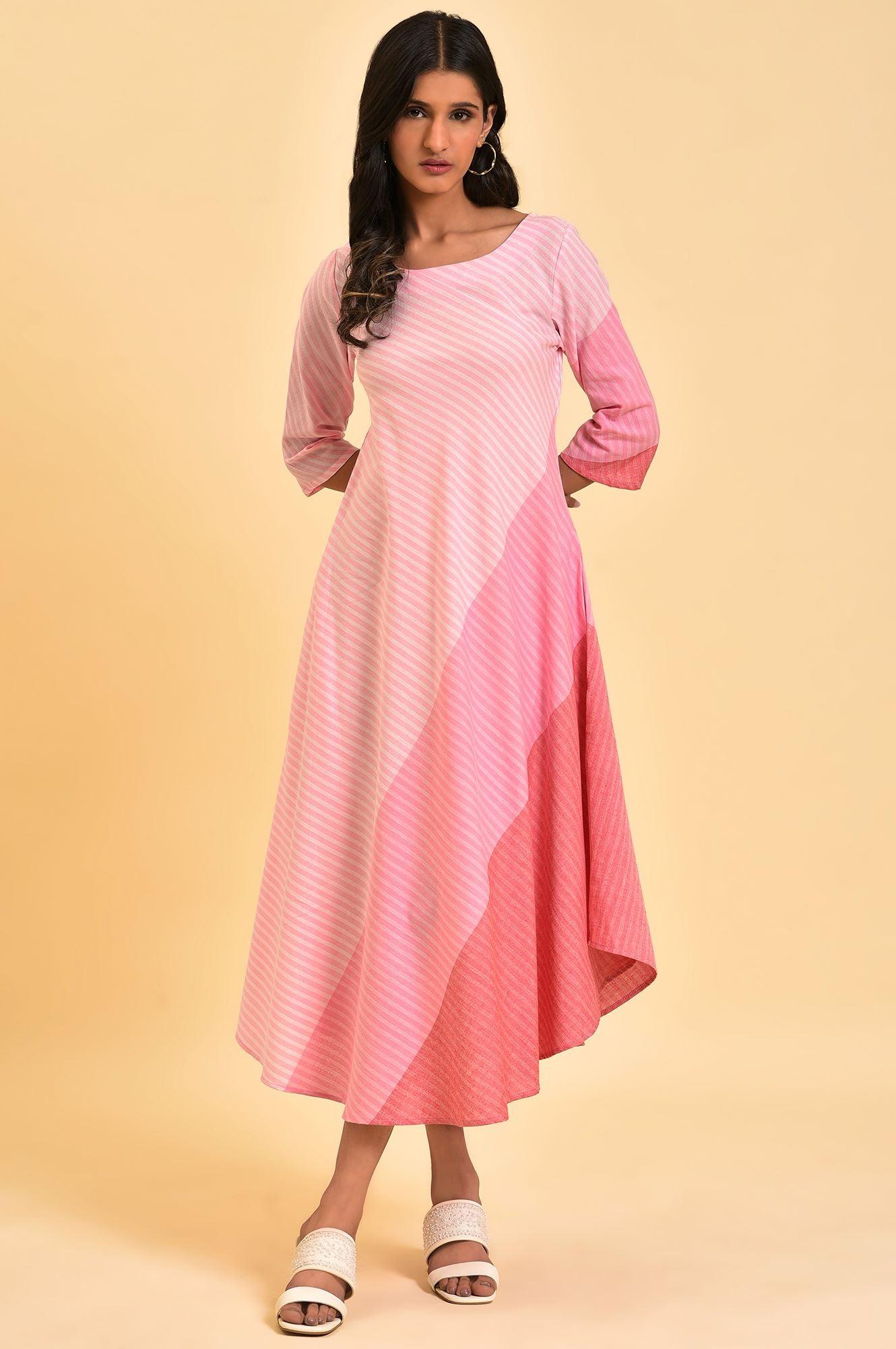 Pink Colourful Bias Stripe FLared Dress - wforwoman