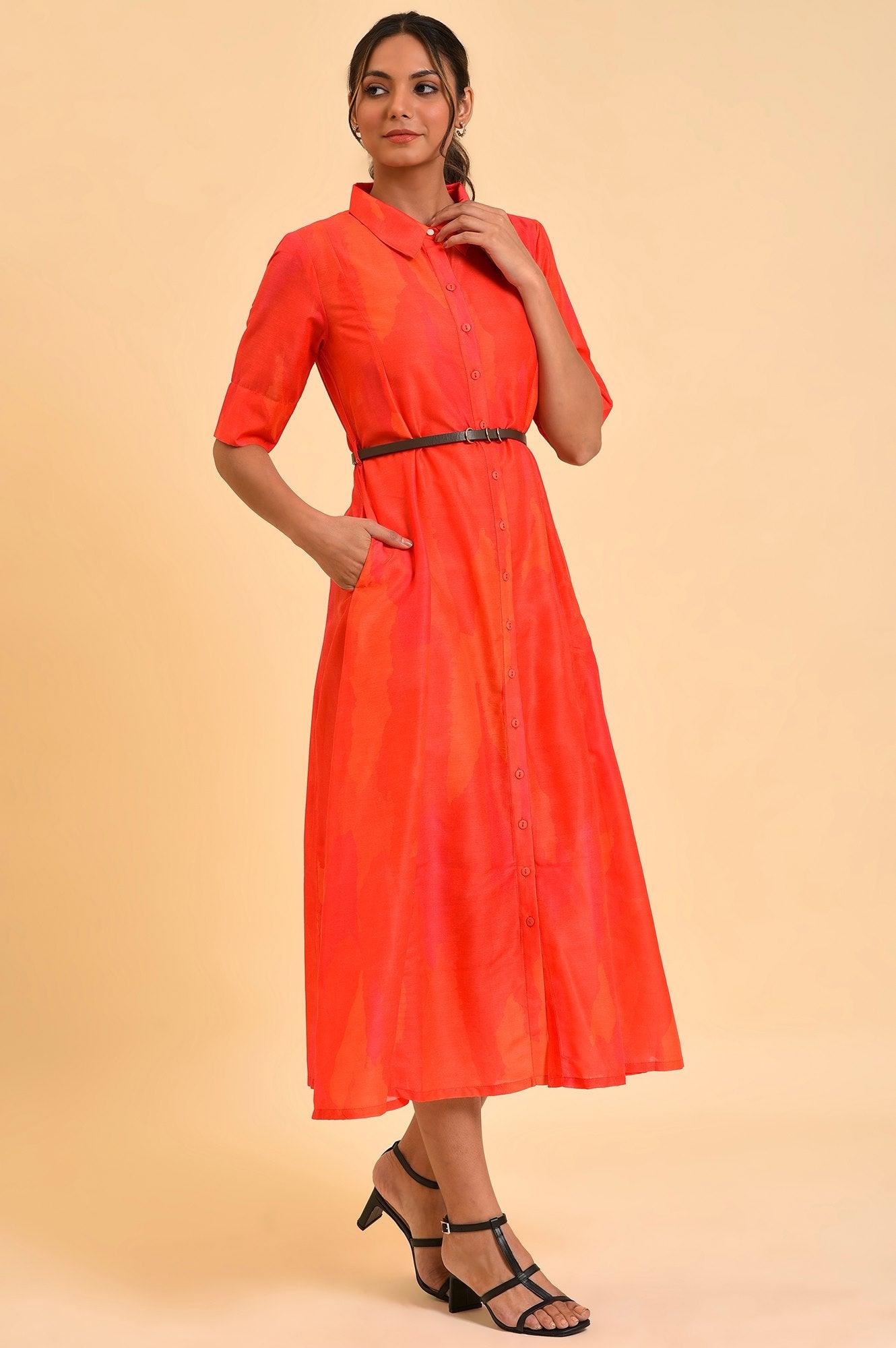 Red Abstract Printed Long Shirt Dress - wforwoman