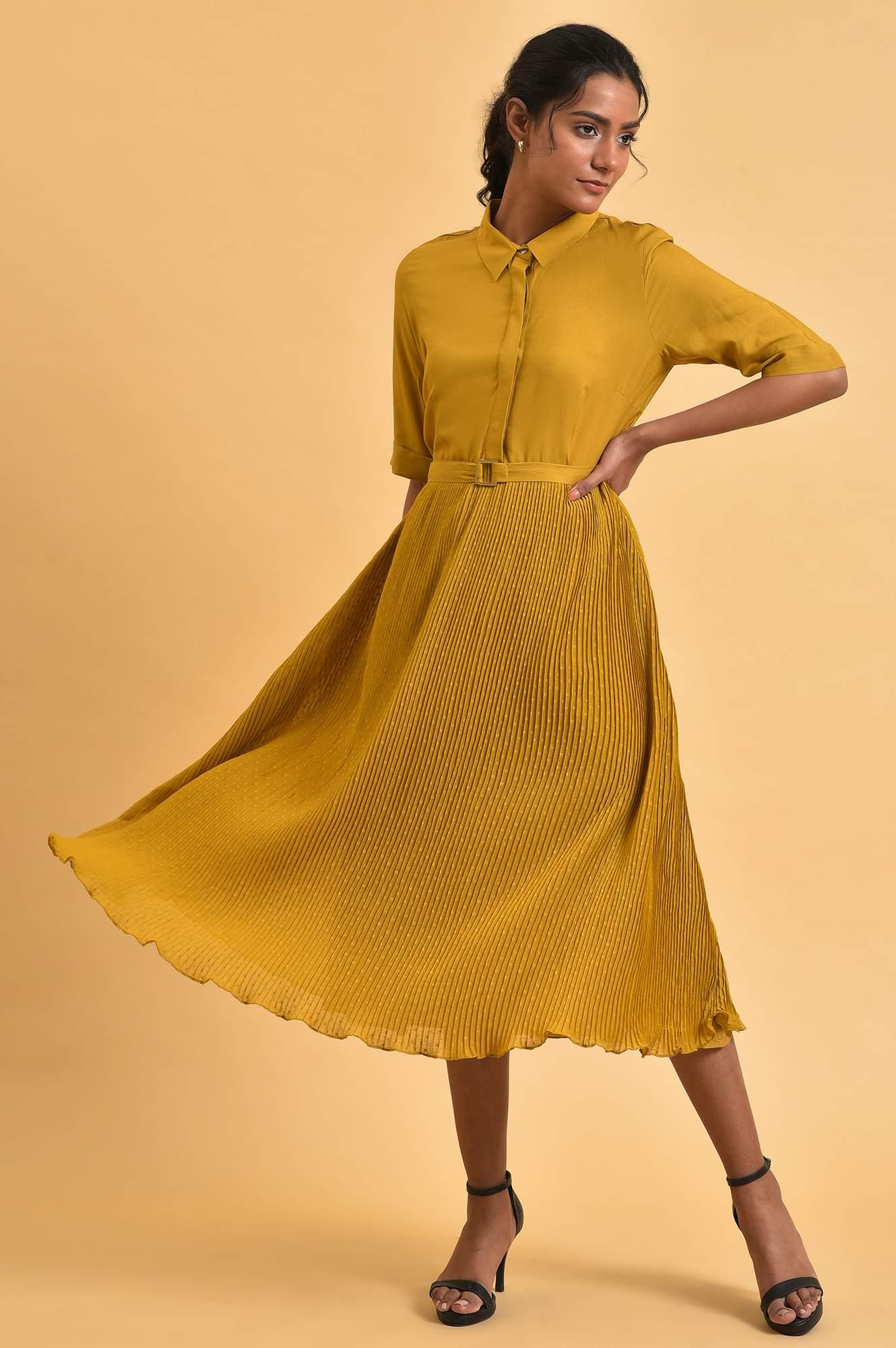Mustard Yellow Pleated Dress - wforwoman