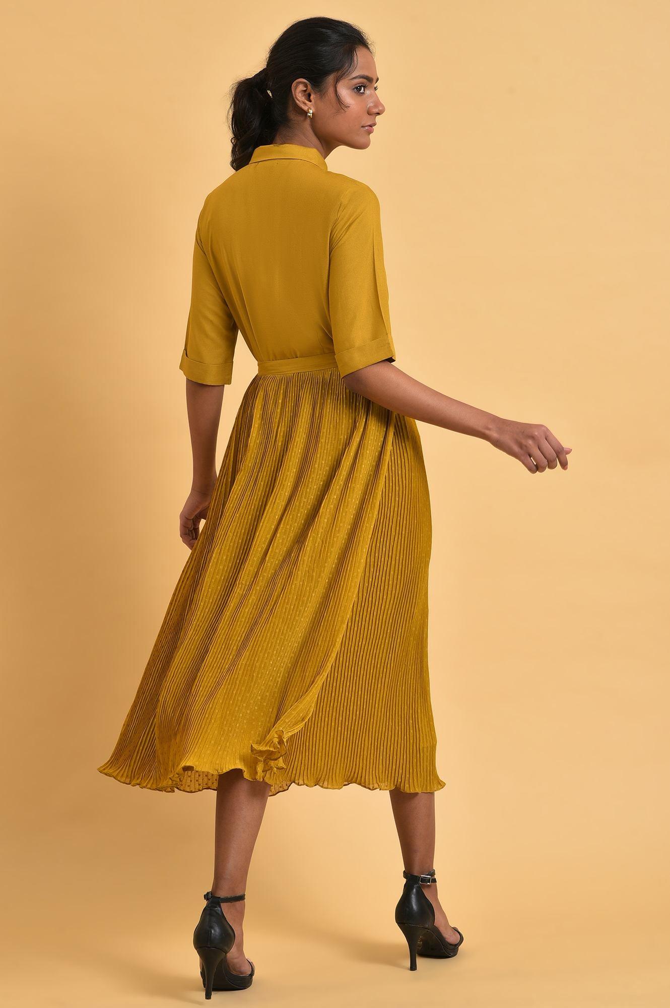 Mustard Yellow Pleated Dress - wforwoman