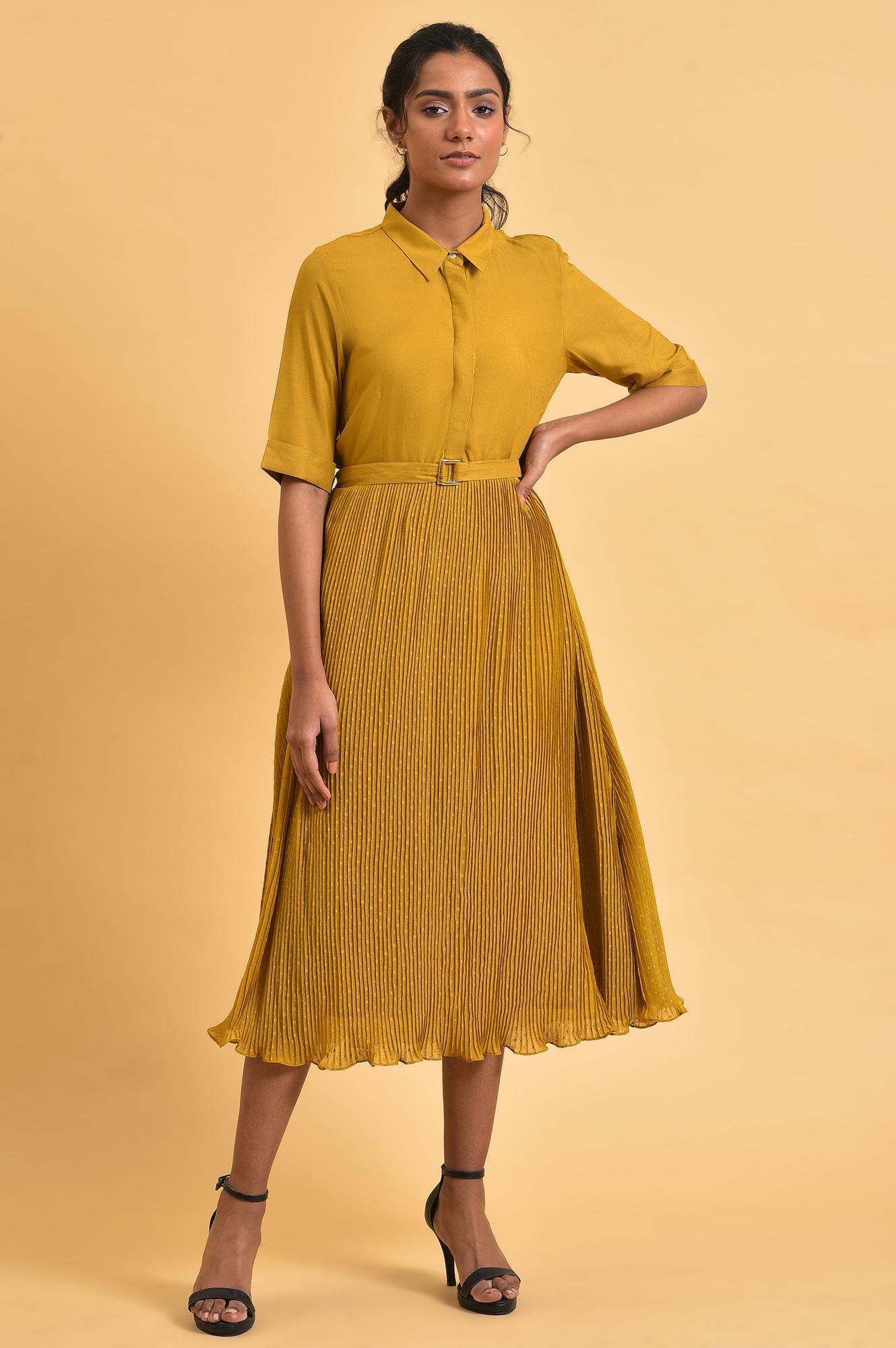 Mustard Yellow Pleated Dress - wforwoman