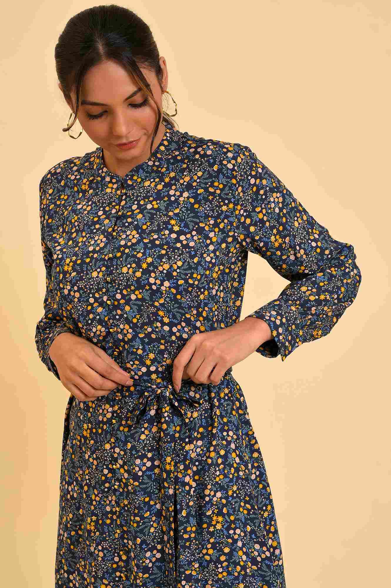 Blue Floral Printed Dress With Belt - wforwoman