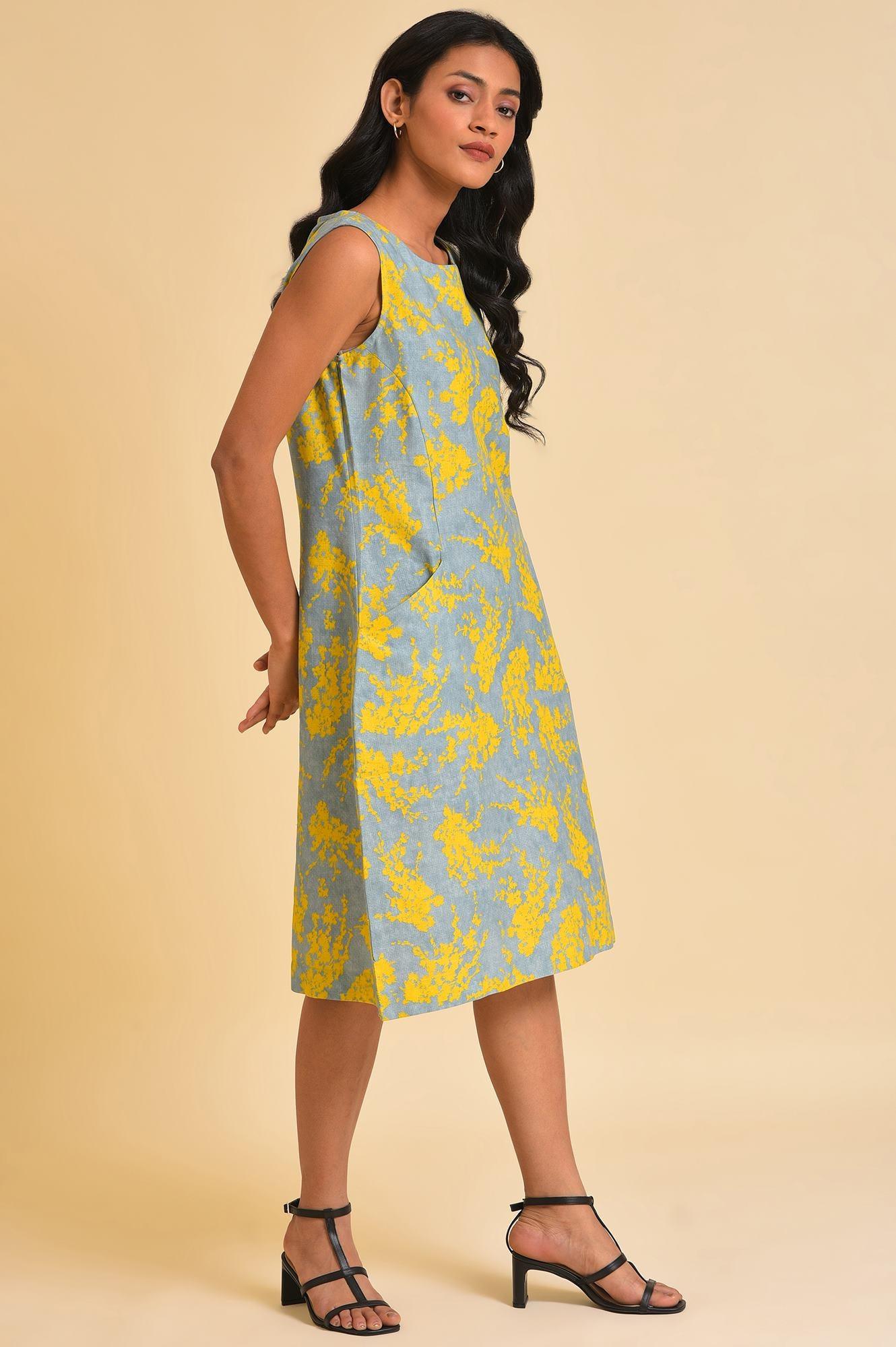 Blue And Yellow Abstract Print Western Dress - wforwoman