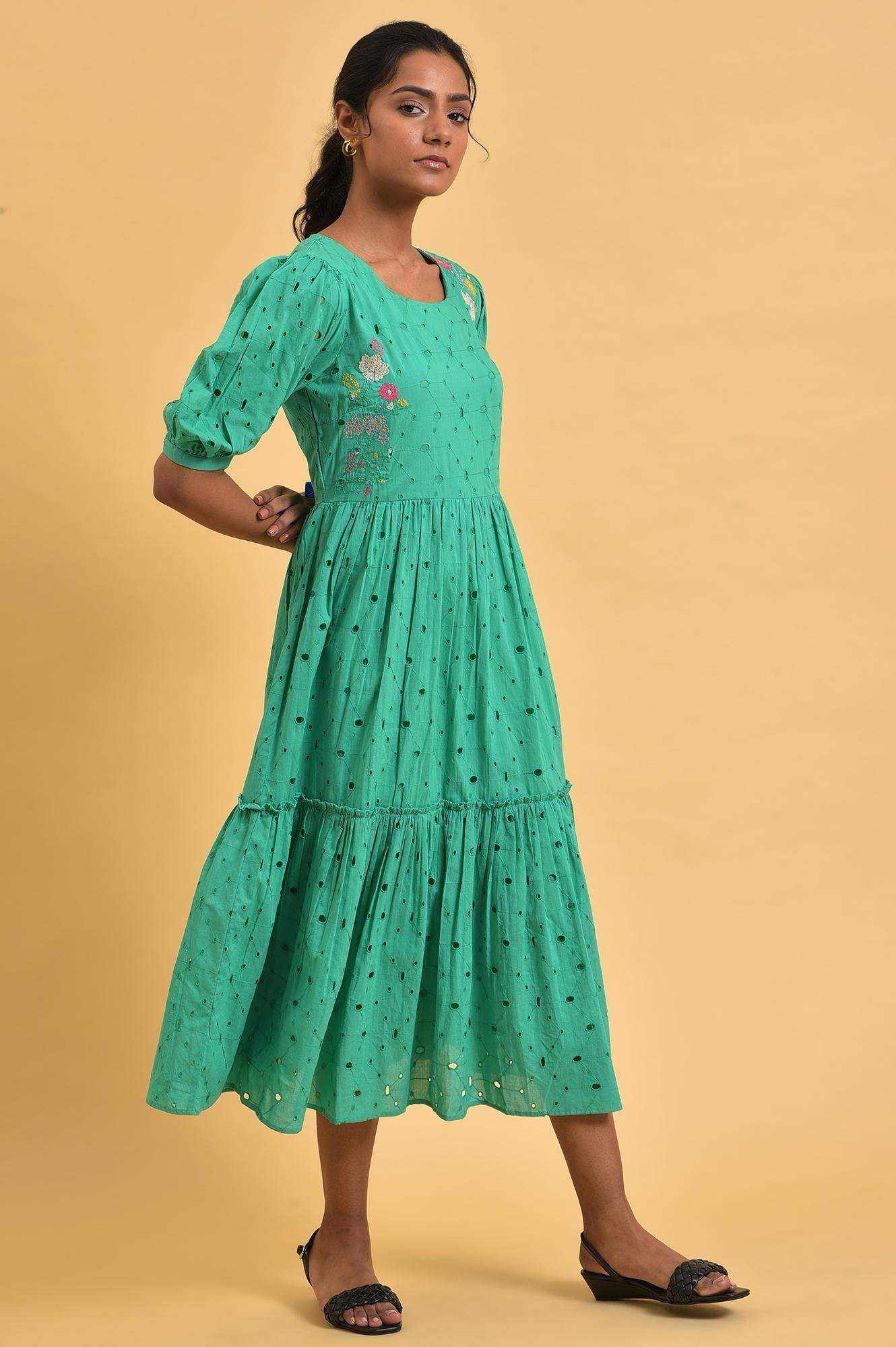 Green Schiffli Embroidered Dress - wforwoman