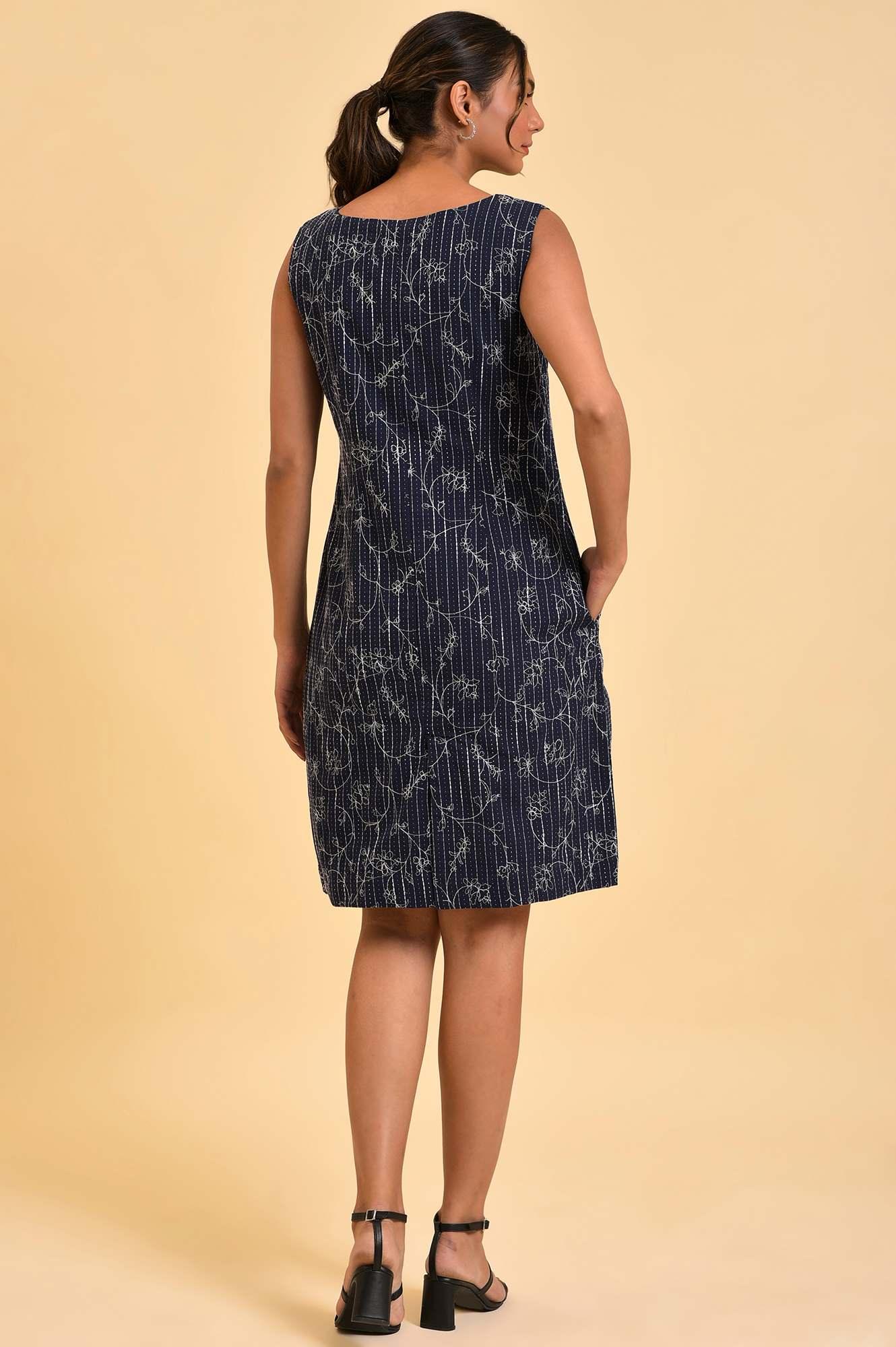 Blue Striped & Embroidered Sheath Dress - wforwoman