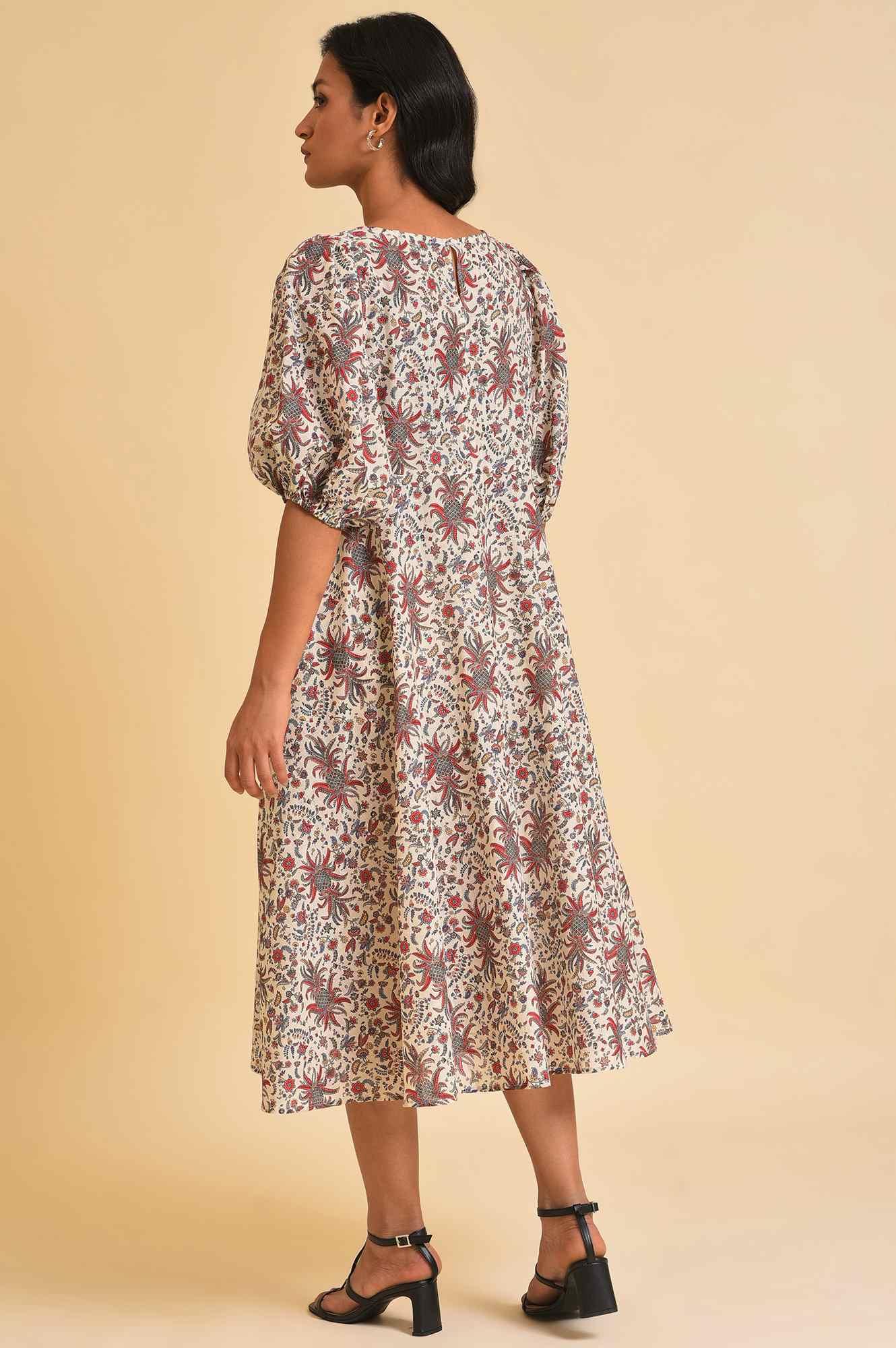 Ecru Floral Printed Midi Dress - wforwoman
