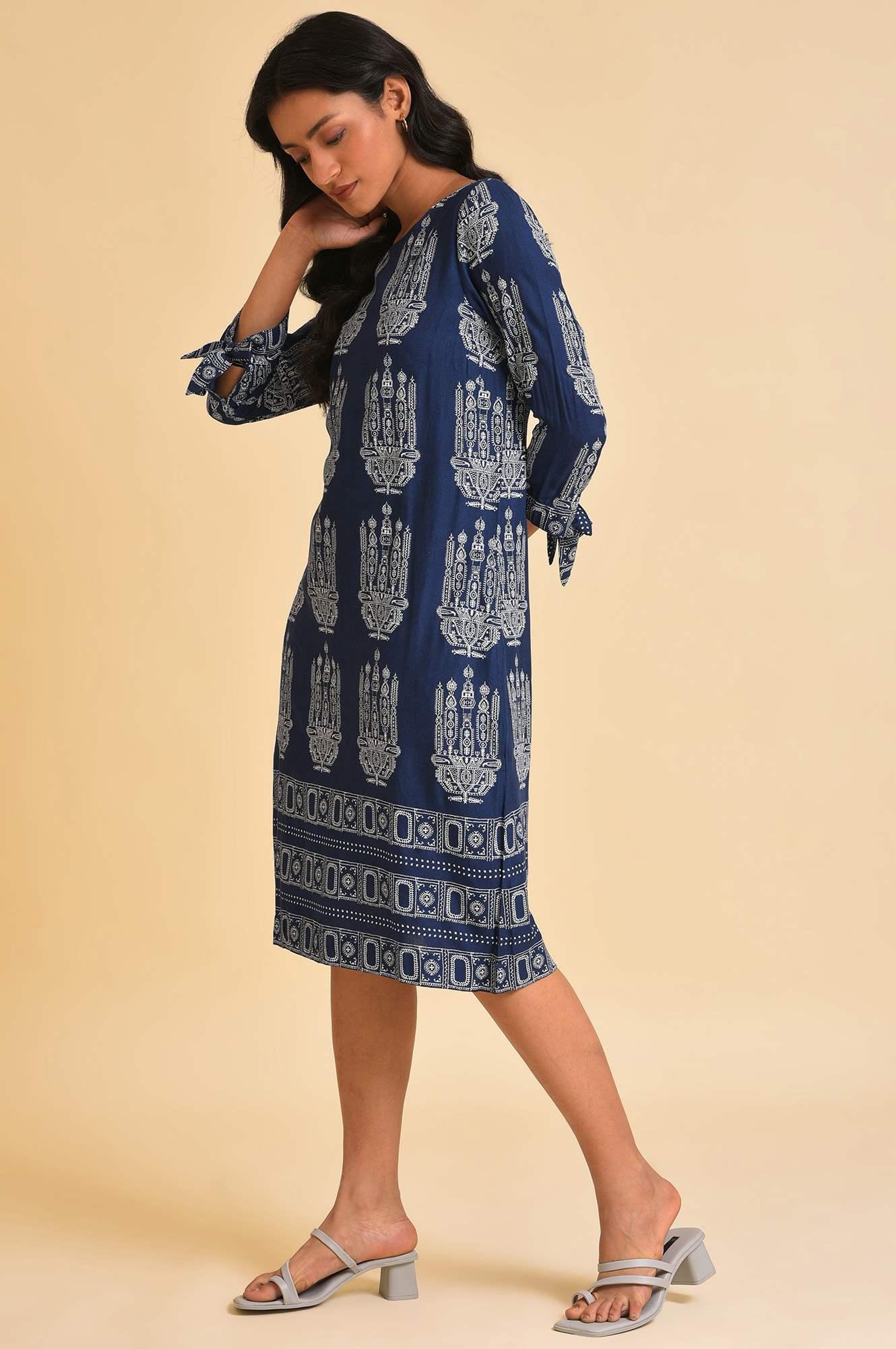 Blue Geometric Print Straight Dress - wforwoman