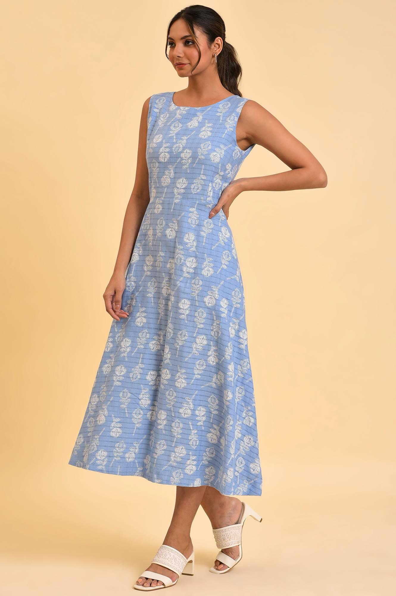 Light Blue Printed Cotton Vacation Dress - wforwoman