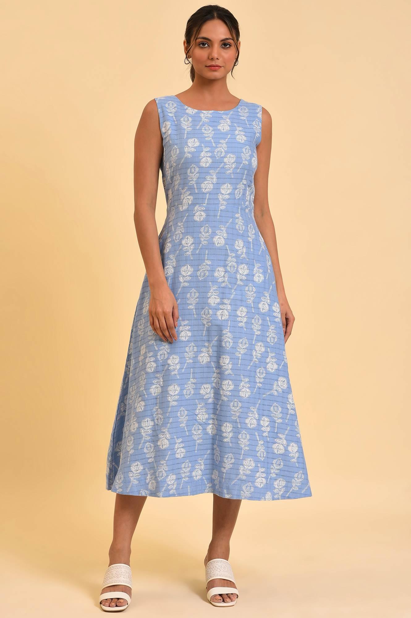 Light Blue Printed Cotton Vacation Dress - wforwoman