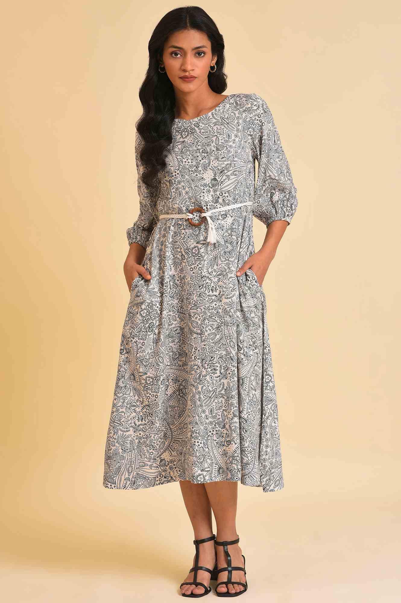 Ecru Printed Rayon Moss Dress With Belt - wforwoman