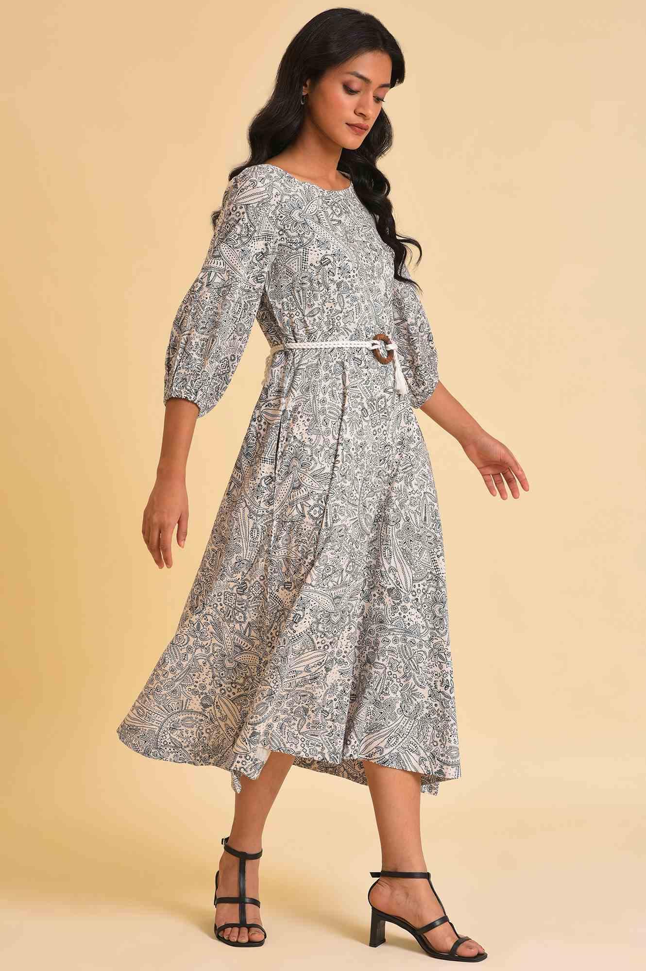 Ecru Printed Rayon Moss Dress With Belt - wforwoman