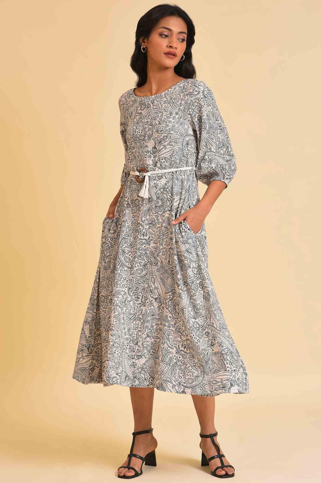 Ecru Printed Rayon Moss Dress With Belt - wforwoman