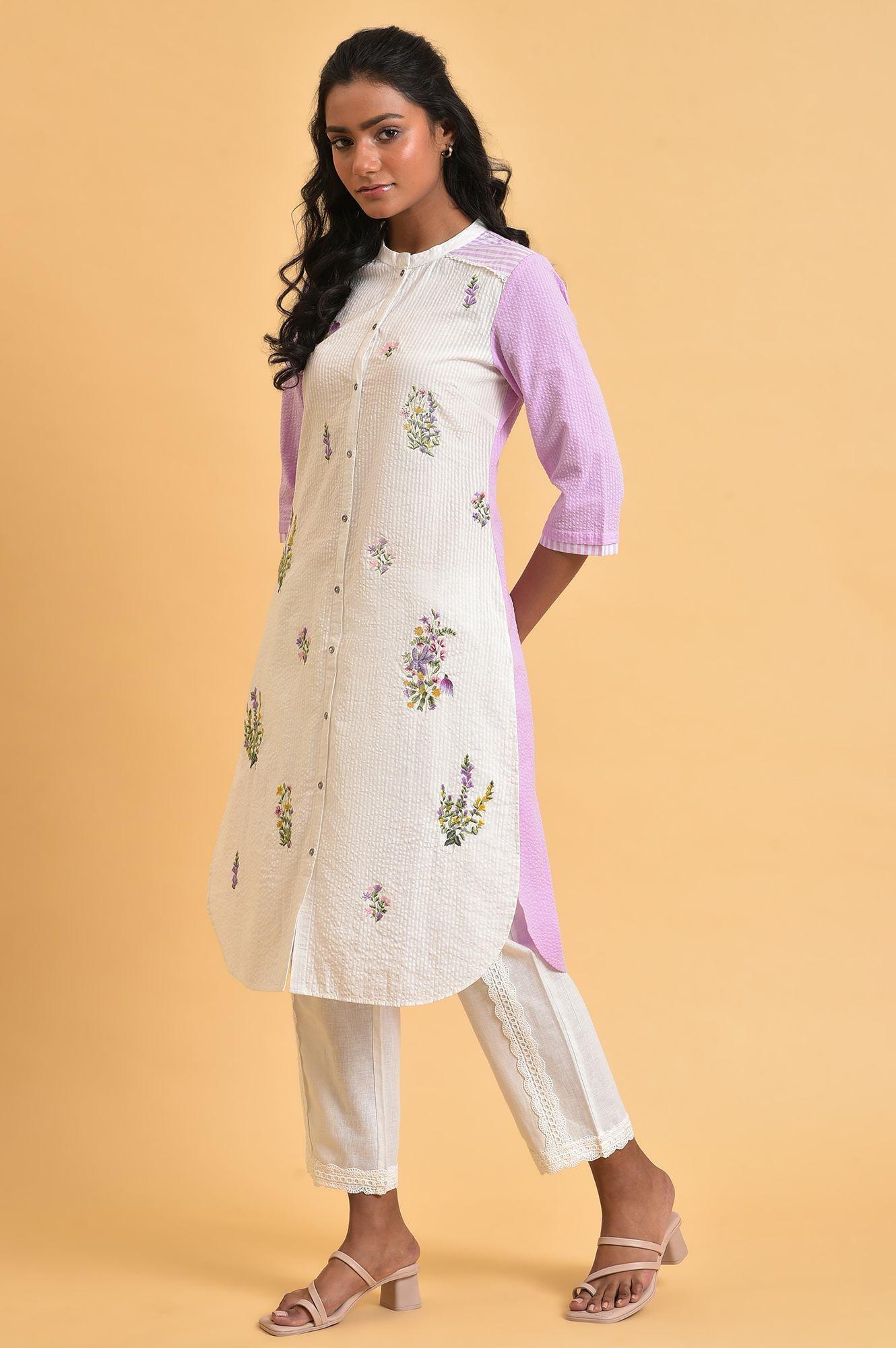 White And Light Purple Seer Sucker Embroidered Summer kurta - wforwoman