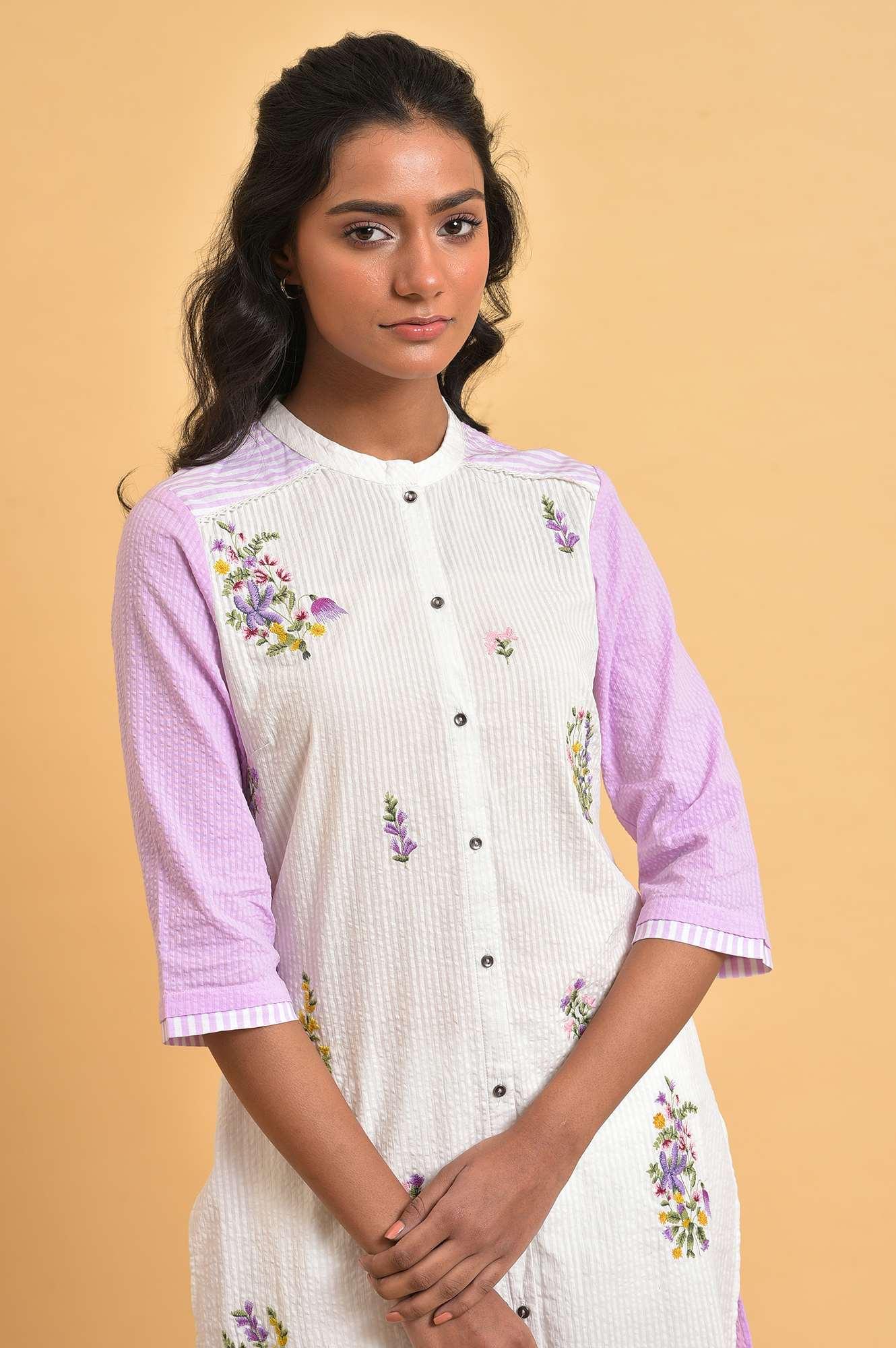 White And Light Purple Seer Sucker Embroidered Summer kurta - wforwoman