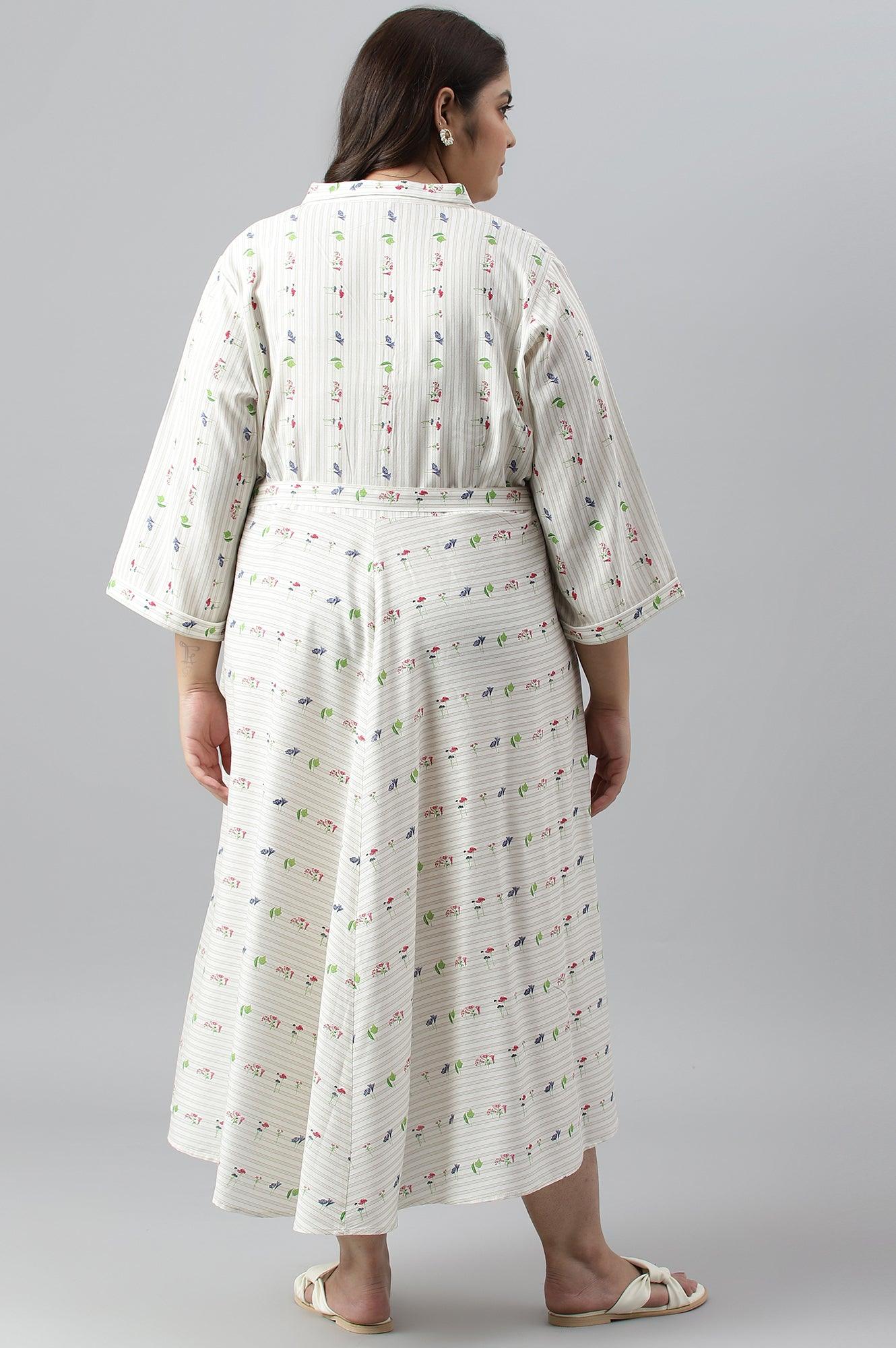 Ecru Printed Summer Plus Size Shirt Dress - wforwoman