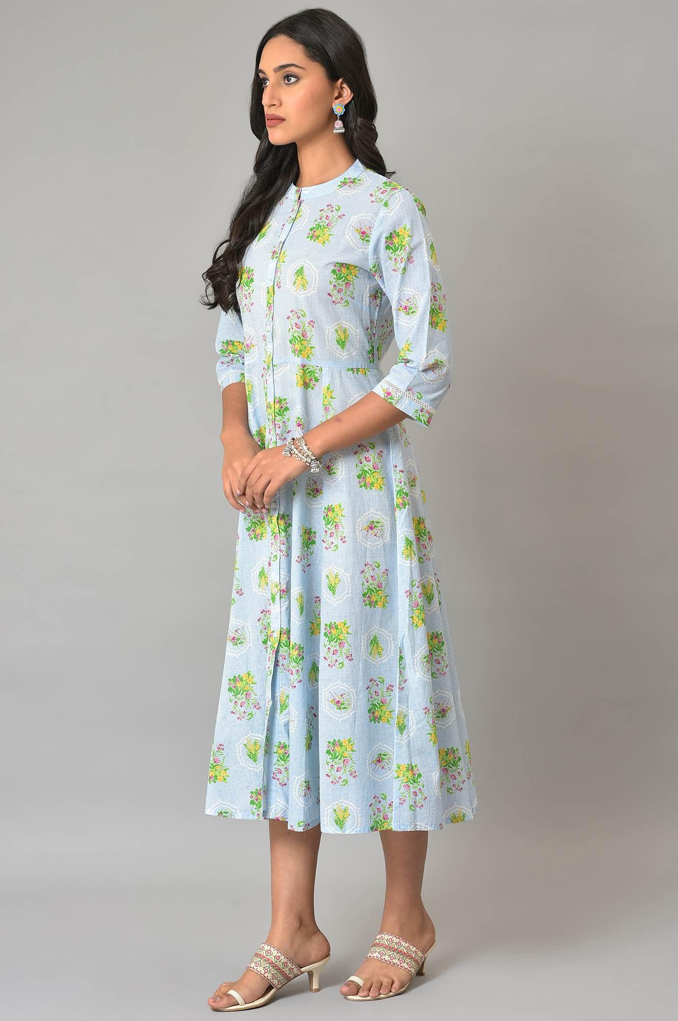 Blue Floral Printes Summer Shirt Dress - wforwoman