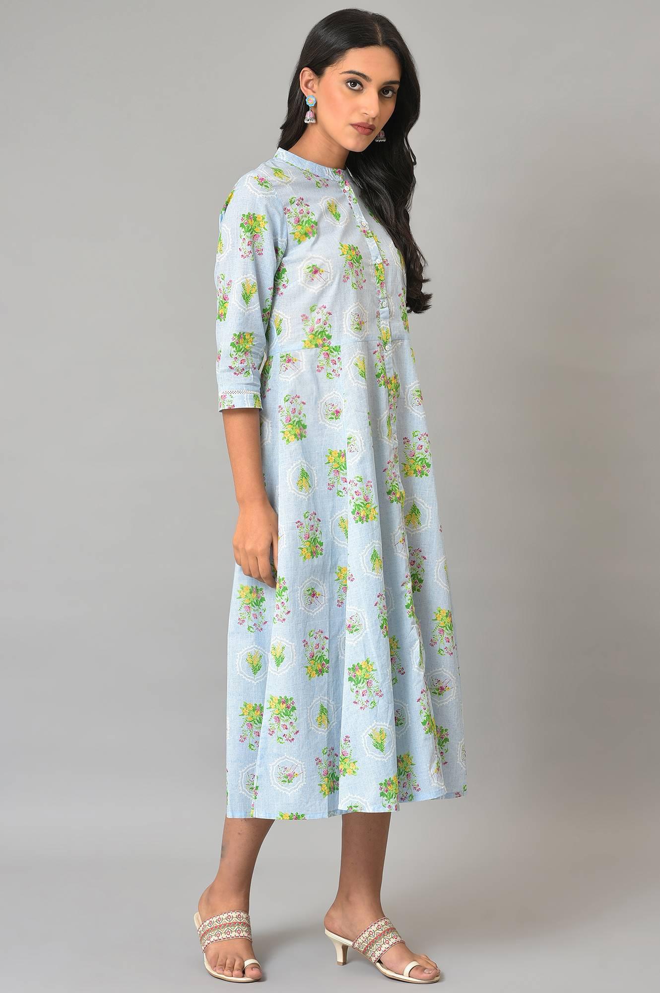 Blue Floral Printes Summer Shirt Dress - wforwoman