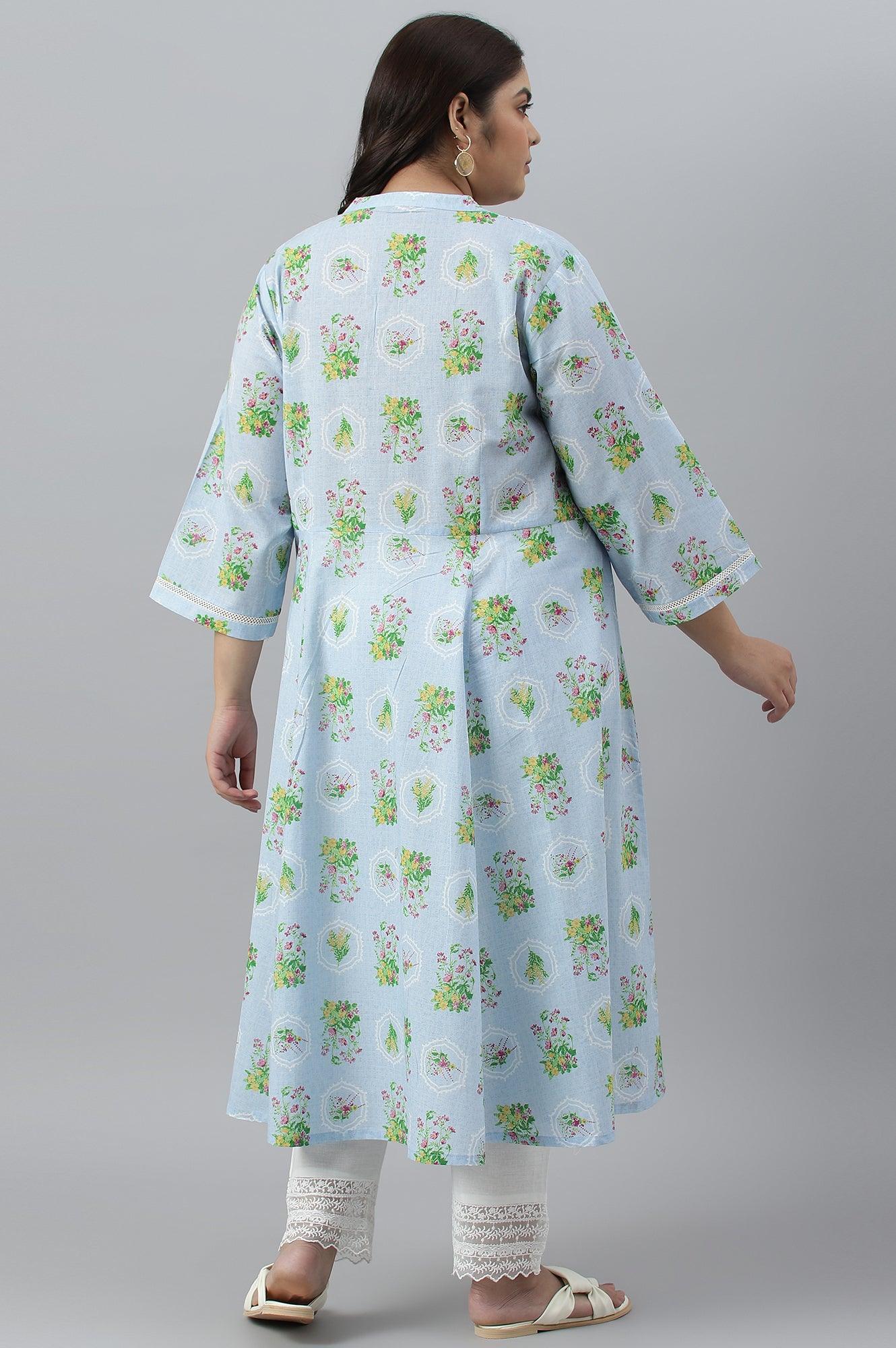 Blue Floral Printed Panelled Shirt Dress - wforwoman