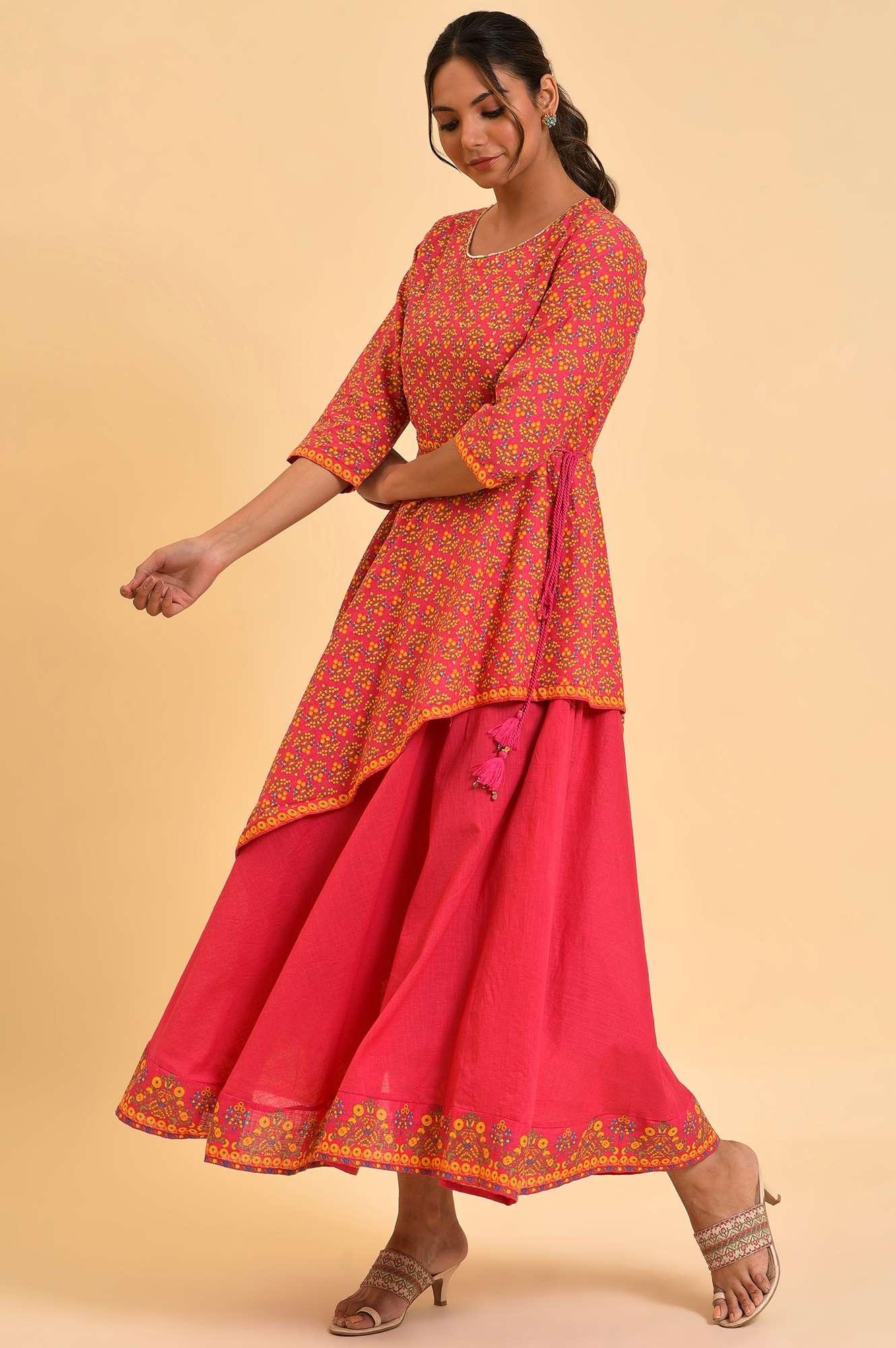 Pink Printed Asymmetrical Festive Dress - wforwoman