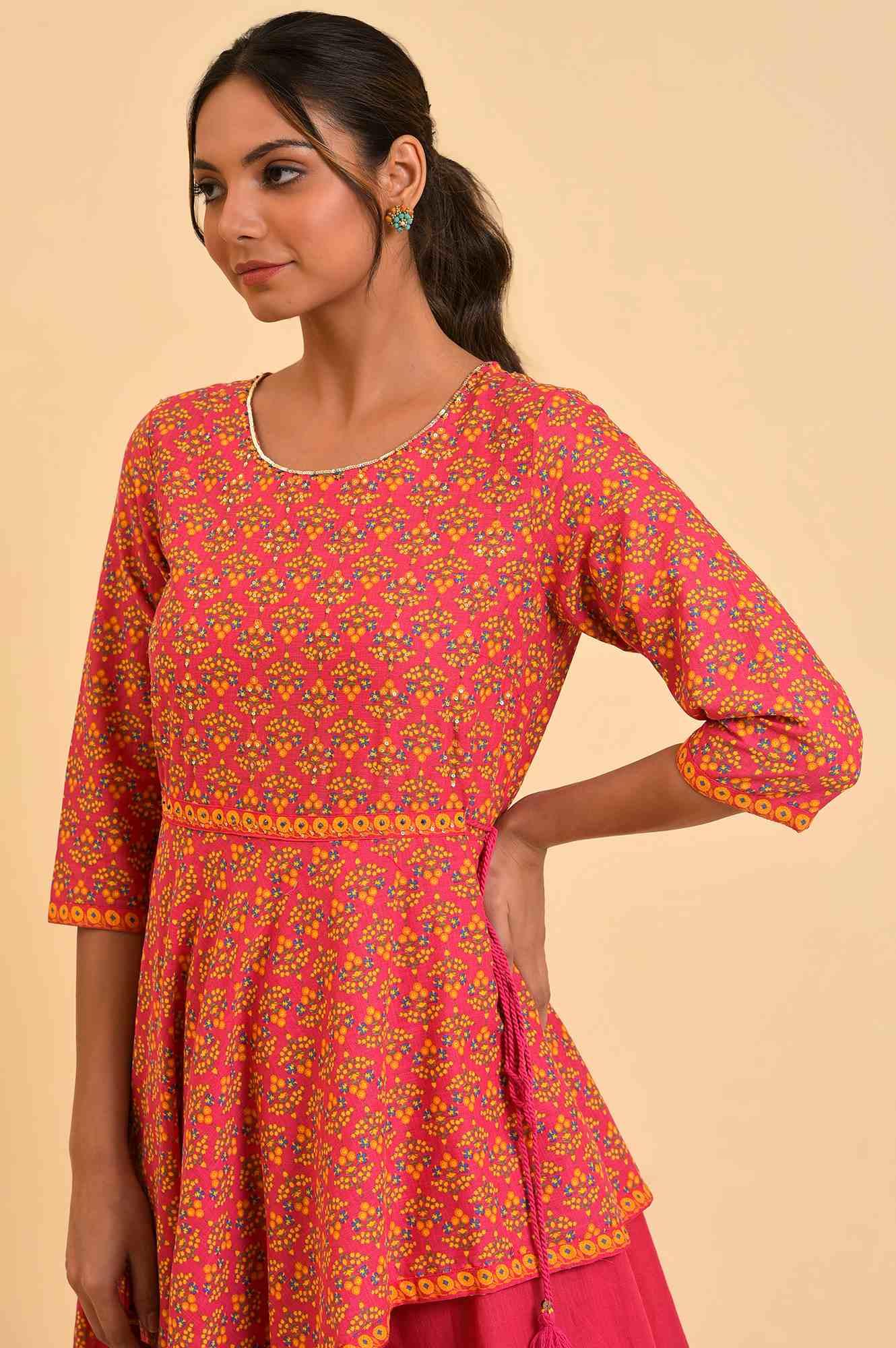 Pink Printed Asymmetrical Festive Dress - wforwoman