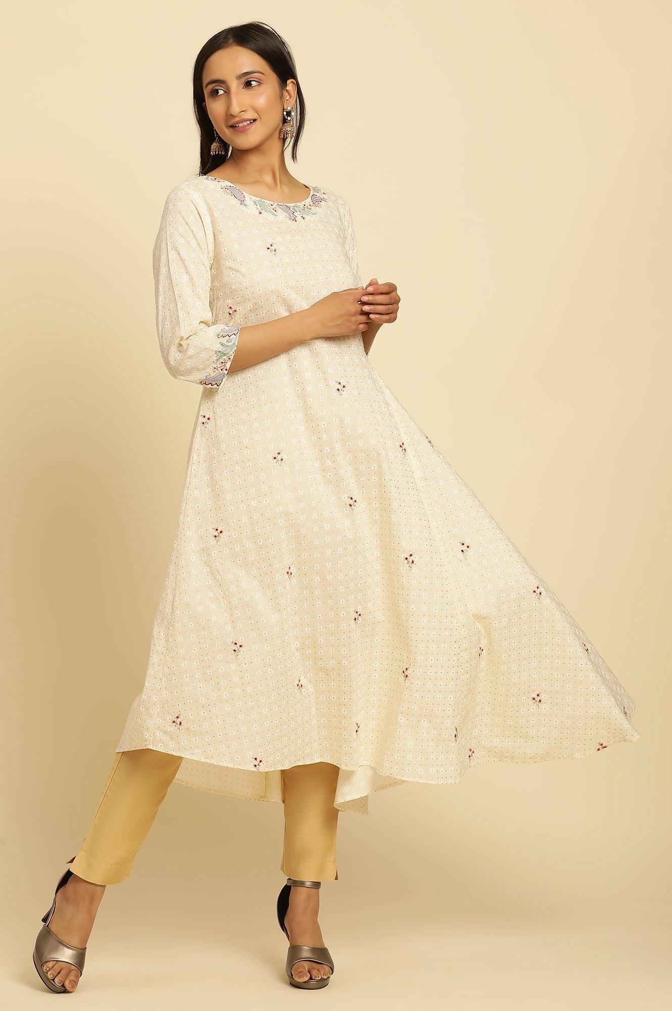 Ecru Embroidered Kurta With Asymmetrical Hemline - wforwoman