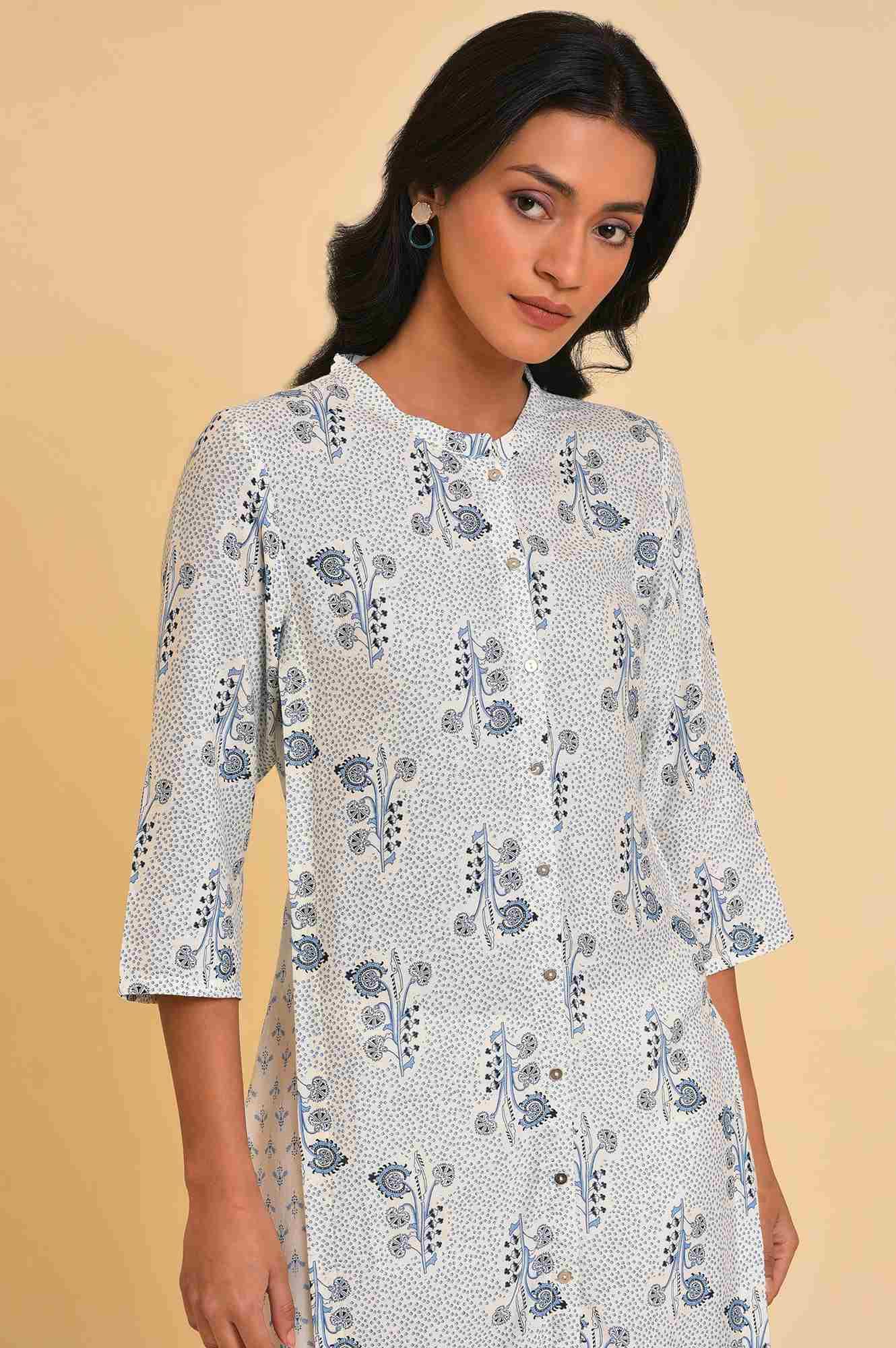 White Printed Button Down kurta - wforwoman