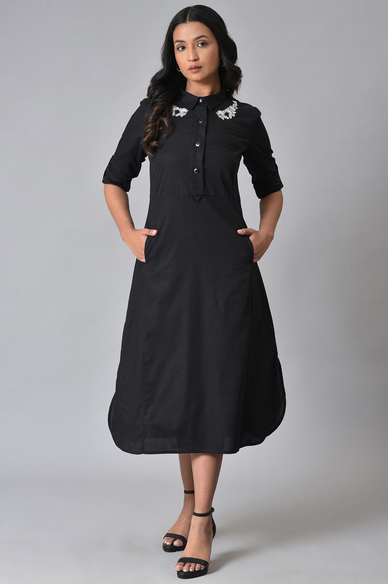 Black Cotton Embroidered Shirt Dress - wforwoman