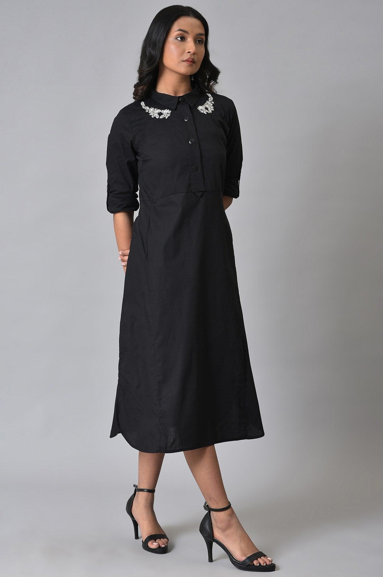 Black Cotton Embroidered Shirt Dress - wforwoman