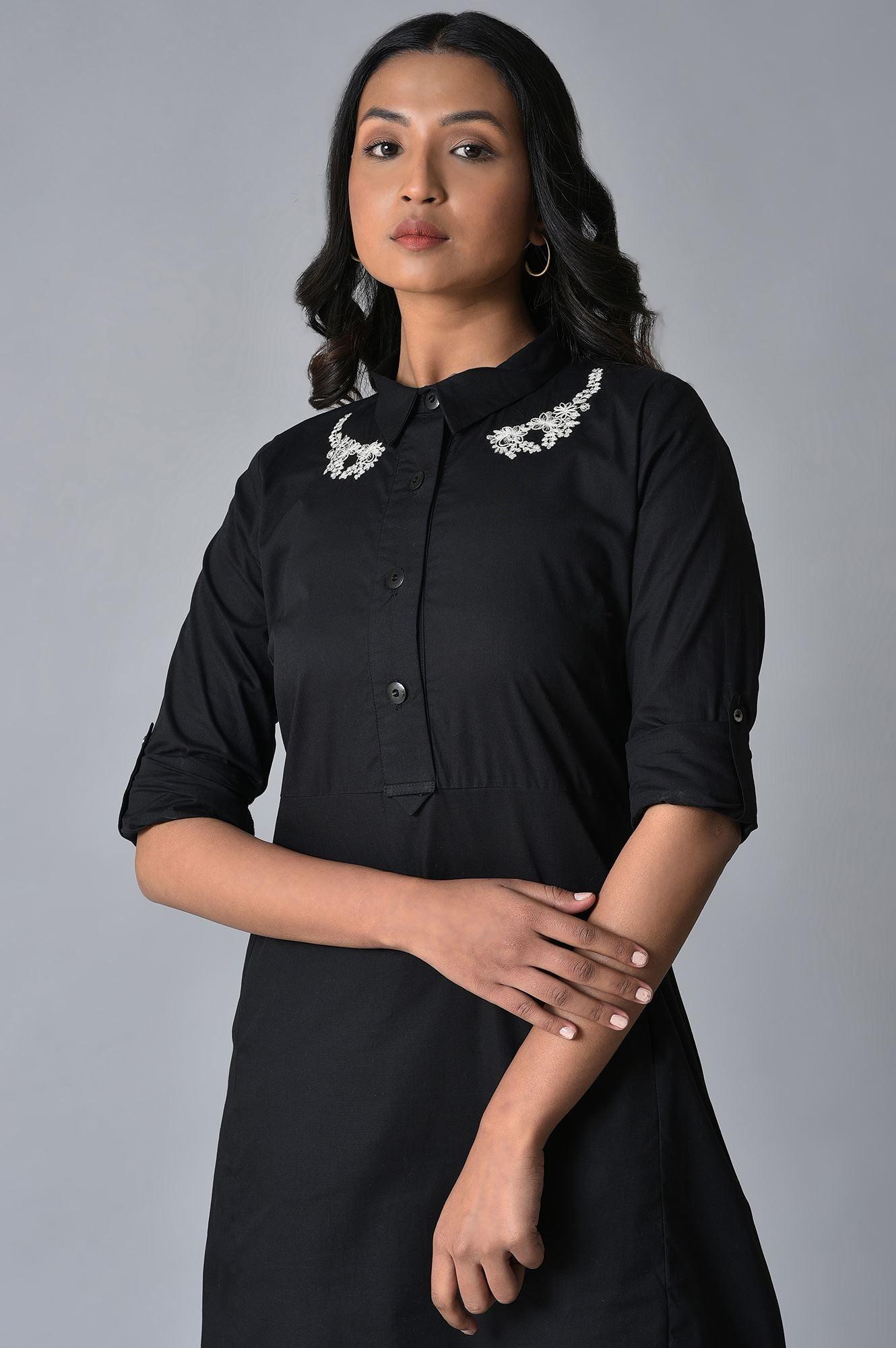 Black Cotton Embroidered Shirt Dress - wforwoman