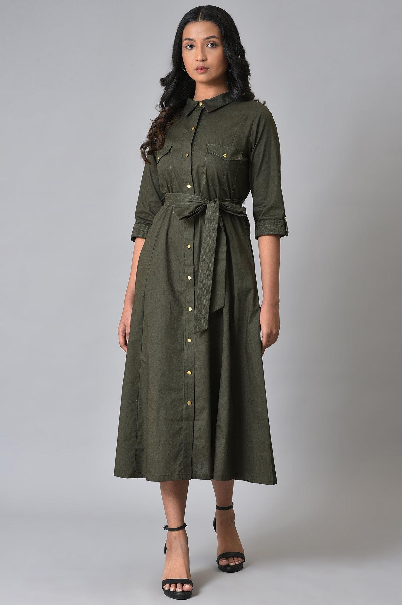 w green dress Olive Green Western Plus Size Dress With Belt