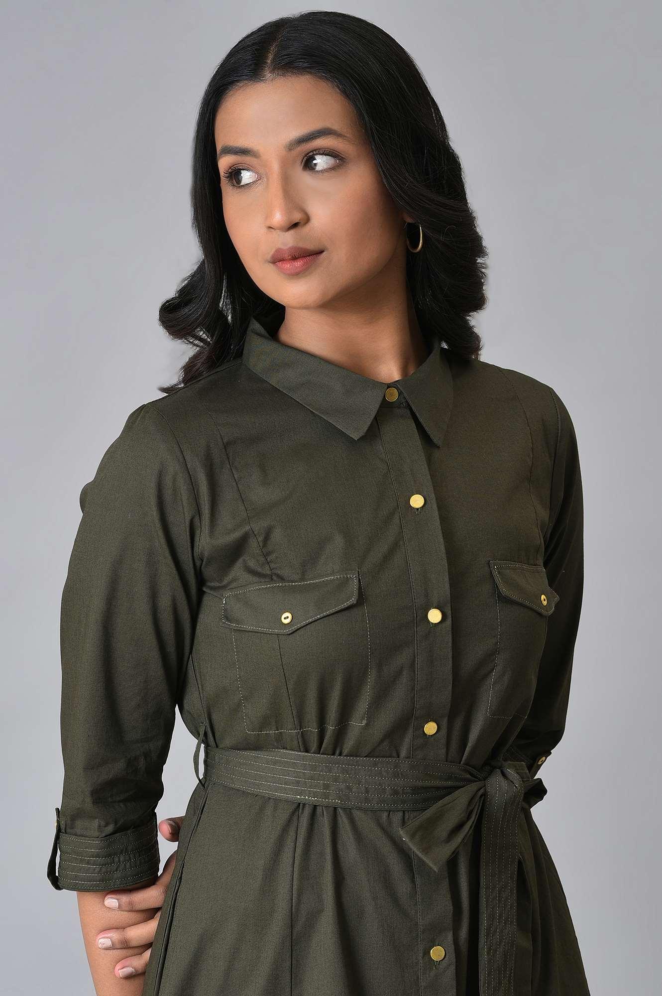 Olive Green Western Dress With Belt - wforwoman