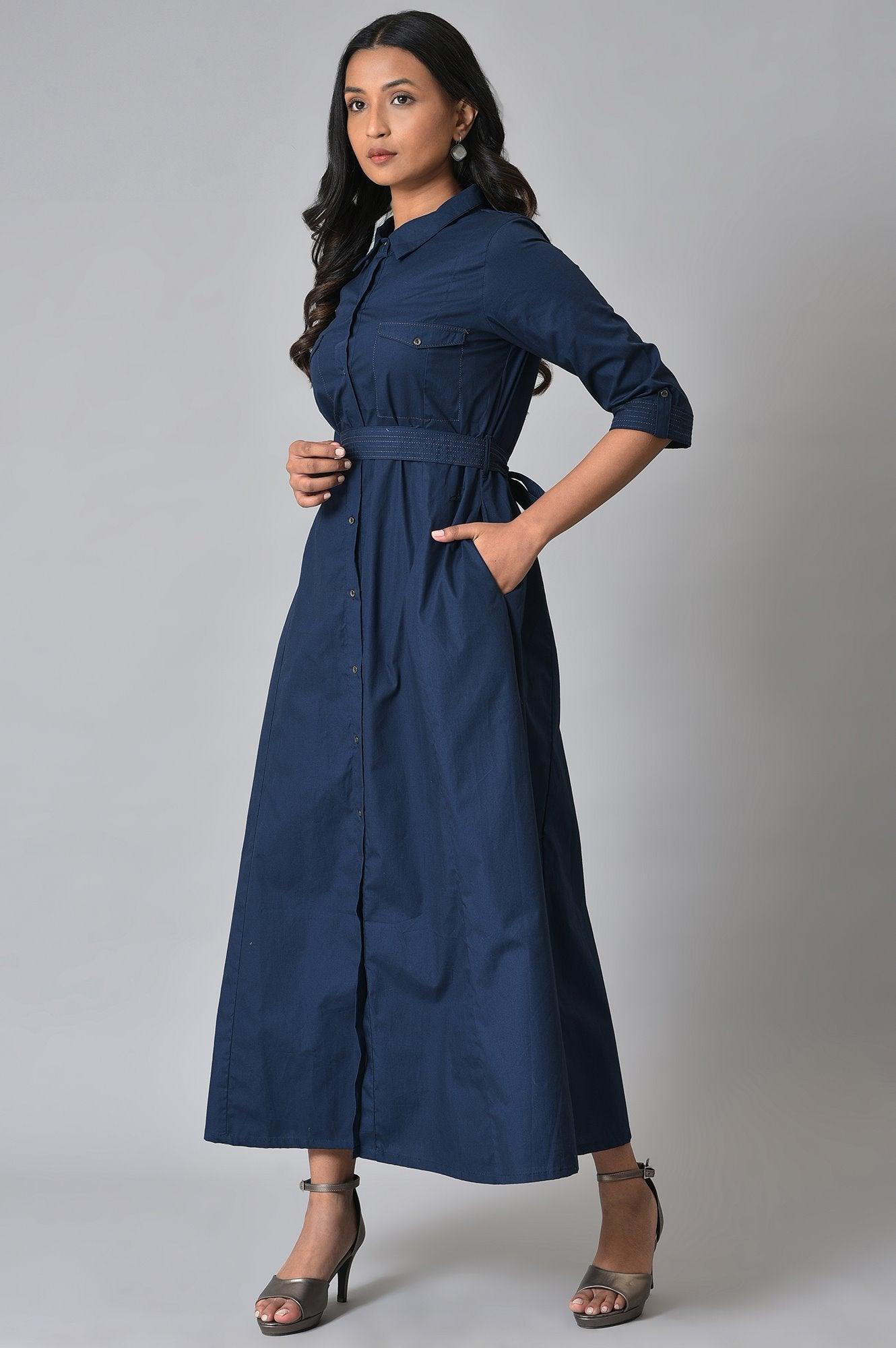 Navy Blue Long Shirt Dress With Belt - wforwoman
