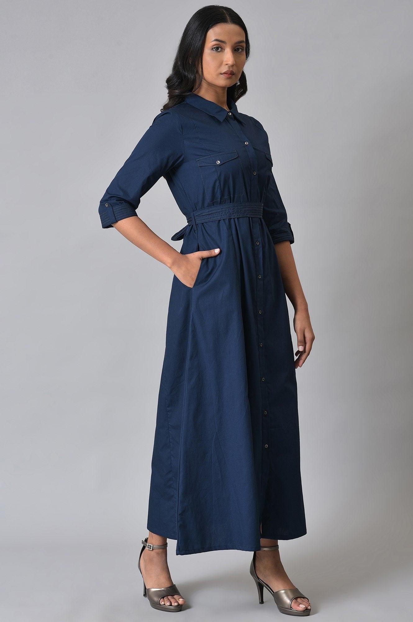 Navy Blue Long Shirt Dress With Belt - wforwoman