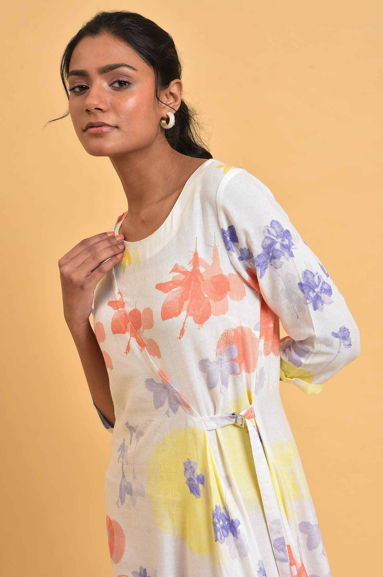 Ecru Floral Printed Summer Wrap Dress - wforwoman