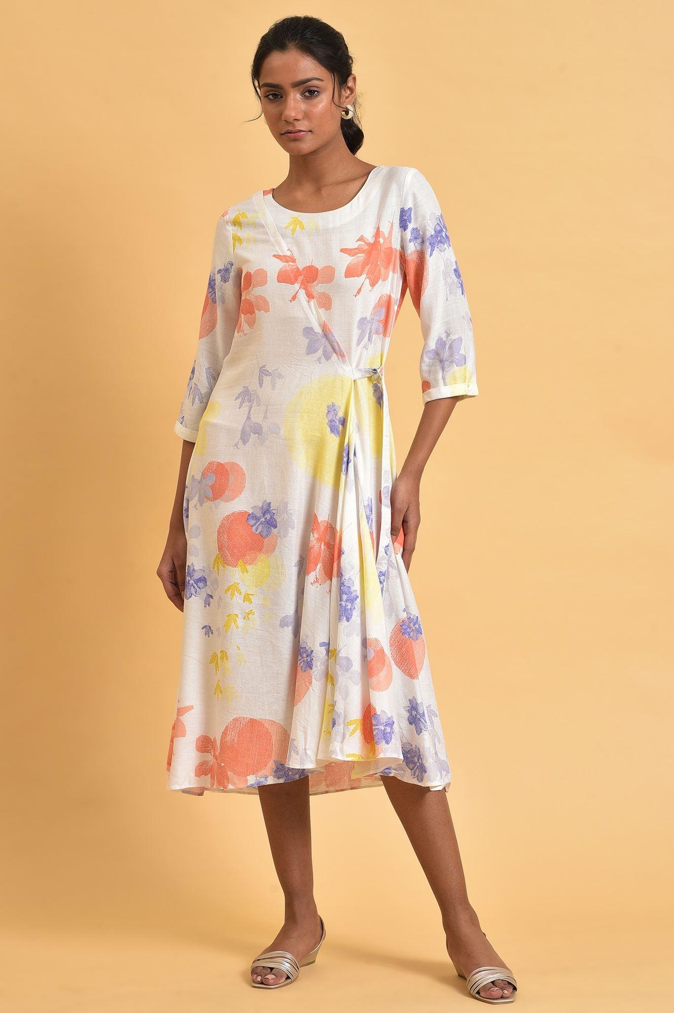Ecru Floral Printed Summer Wrap Dress - wforwoman