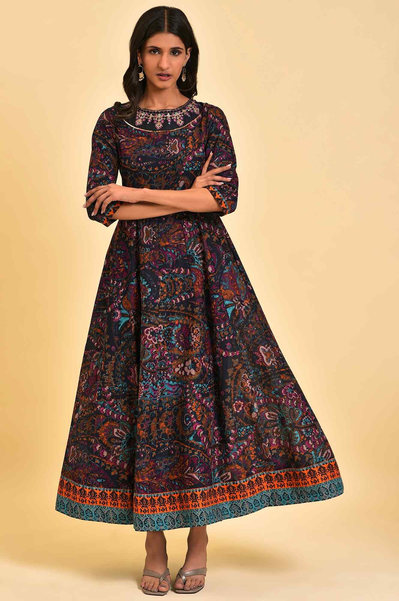 Blue Printed Kalidar Long Dress - wforwoman